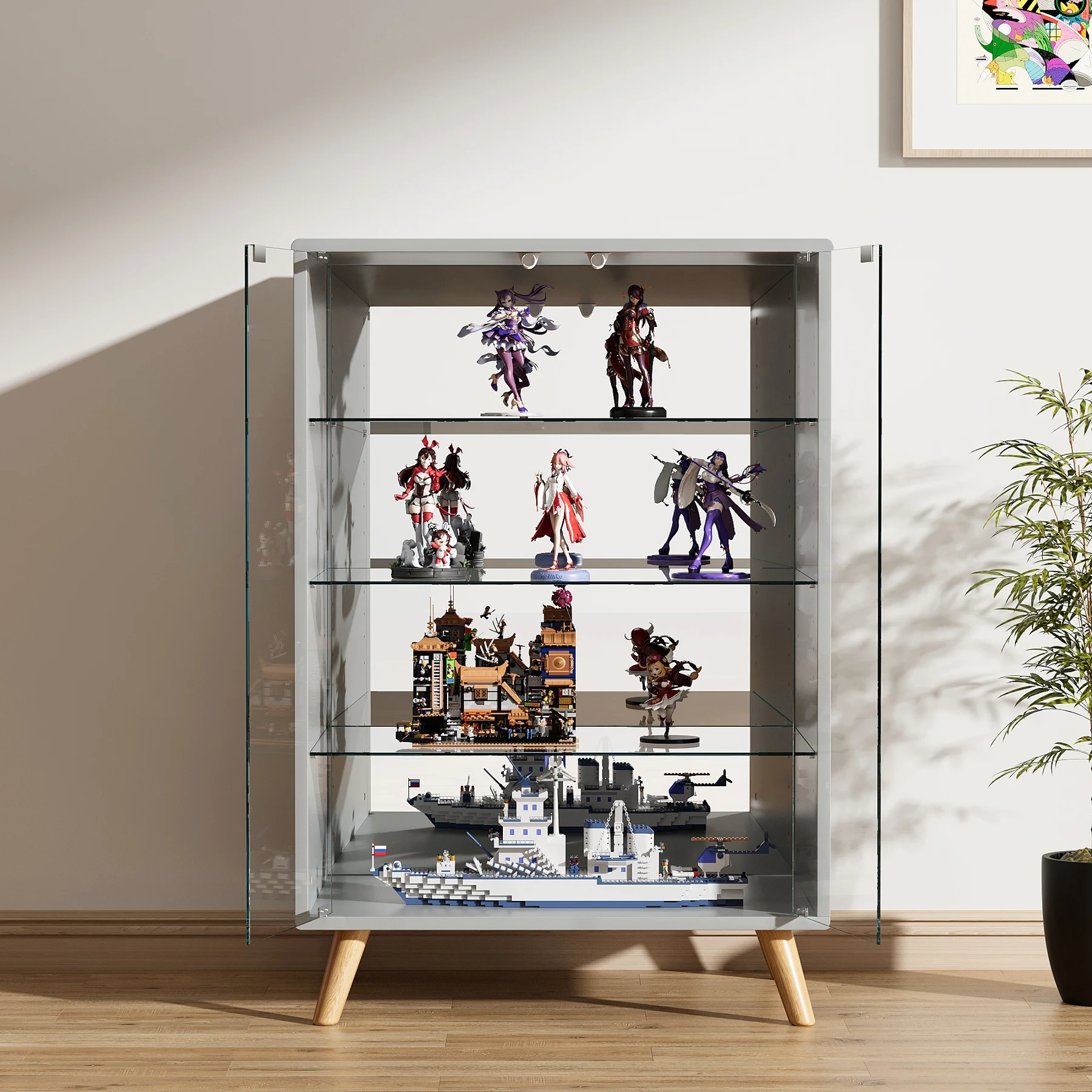 コレクションケース ワイド 大容量 コレクションシェルフ ガラスディスプレイキャビネット 4段 高さ調節可能 背面ミラー 強化ガラス棚 サイズ:幅60*奥行43*高さ88CM グレー