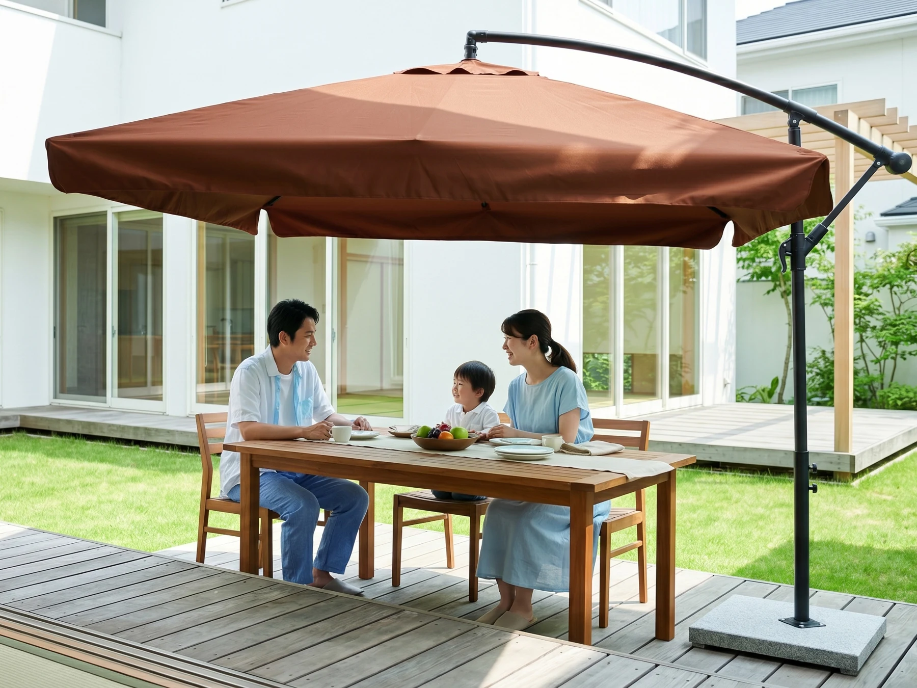 直径250cm 30+UPF紫外線 360度回転 対策角度調整 2層 専用ベース付き パラソル ガーデンパラソル 大型 ビーチパラソル ガーデニング 庭 キャンプ 日傘 家庭での使用 商業利用 海辺 プール 海の家【ブラウン】