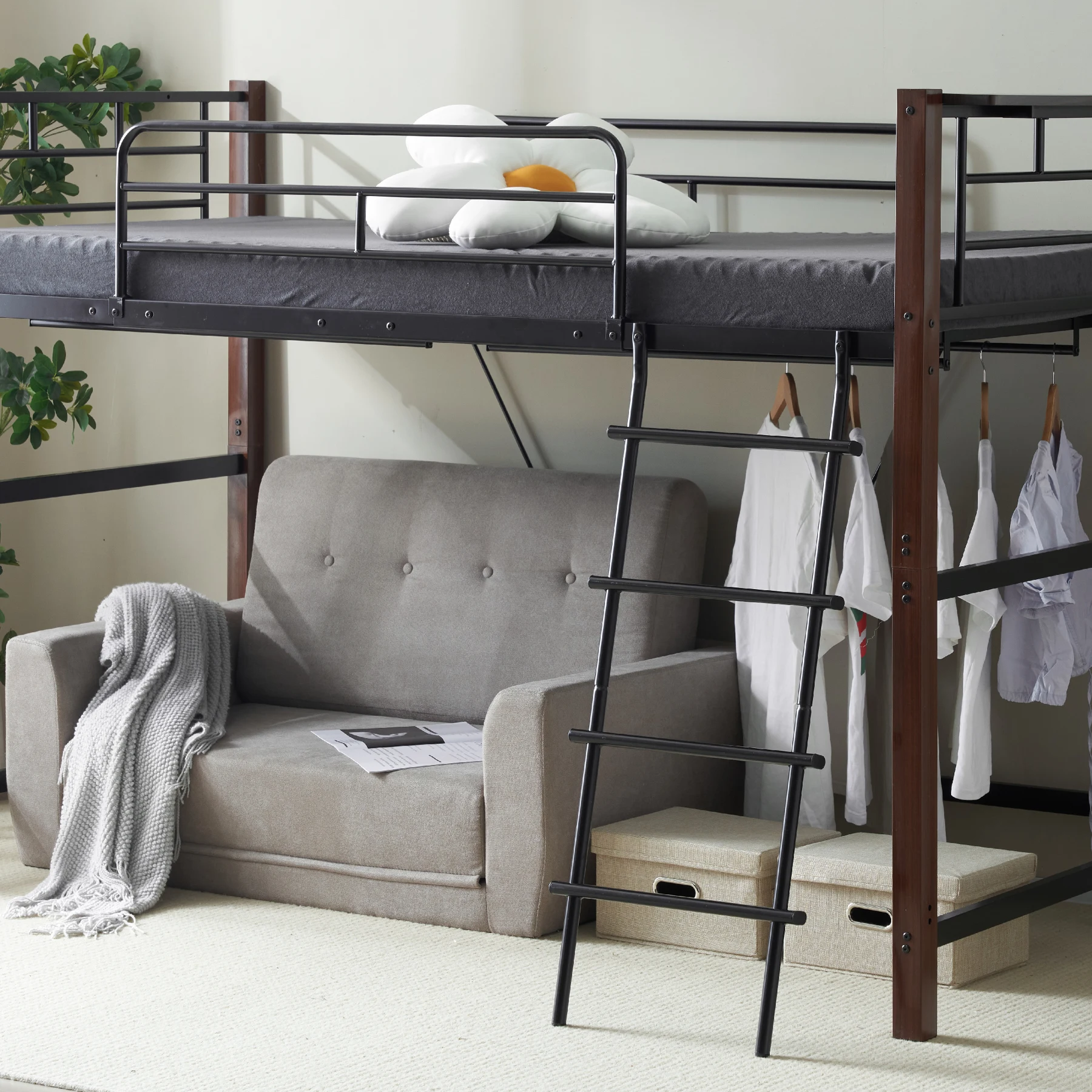 【高さ140cm】ロフトベッド パイプベッド シングル 耐荷重150kg システムベッド ロータイプ ミドルタイプ 棚 収納 北欧風 大人 一人暮らし ハンガーポール4本付属 送料無料 スチール 耐震 ベッド 子供部屋
