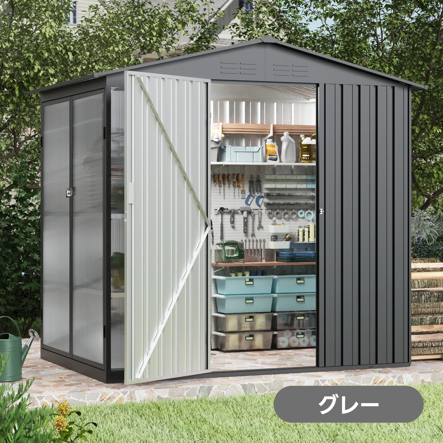 【温室付き】物置 屋外 スチール 可動棚 倉庫 戸外収納庫 W180*D121*H180cm 物置き おしゃれ 大型 収納庫 屋外物置 防さび ベランダ 防水 ドア スチール物置 屋外収納 ガーデニング 庭 新作【ブラック】