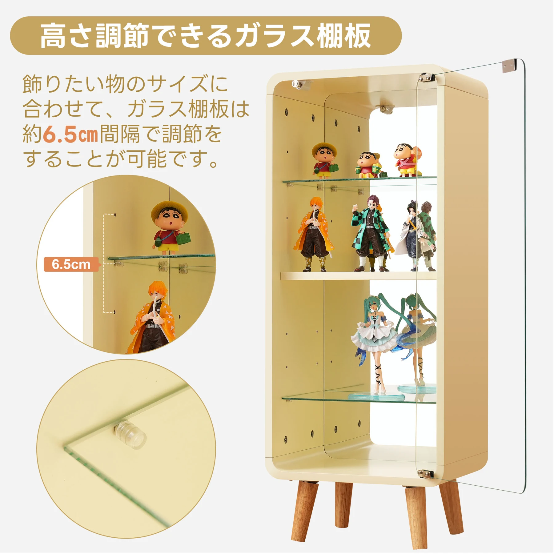 コレクションケース コレクションシェルフ ガラスディスプレイキャビネット4段 高さ調節可能 フィギュア 収納 背面ミラー 強化ガラス棚 サイズ:幅36*奥行26*高さ89CM グレー