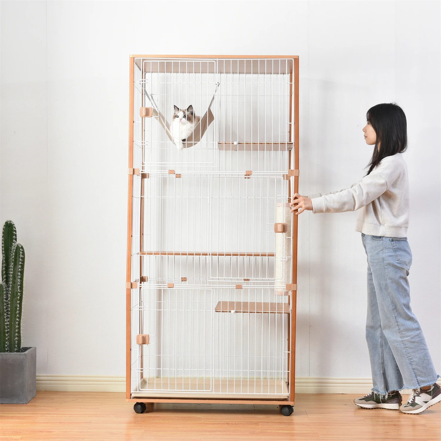猫 キャットケージ ケージ 木製 キャットハウス ネコ ハウス 留守番 保護 脱走防止 多頭飼い 多頭 スチール 三段 (ナチュラル)
