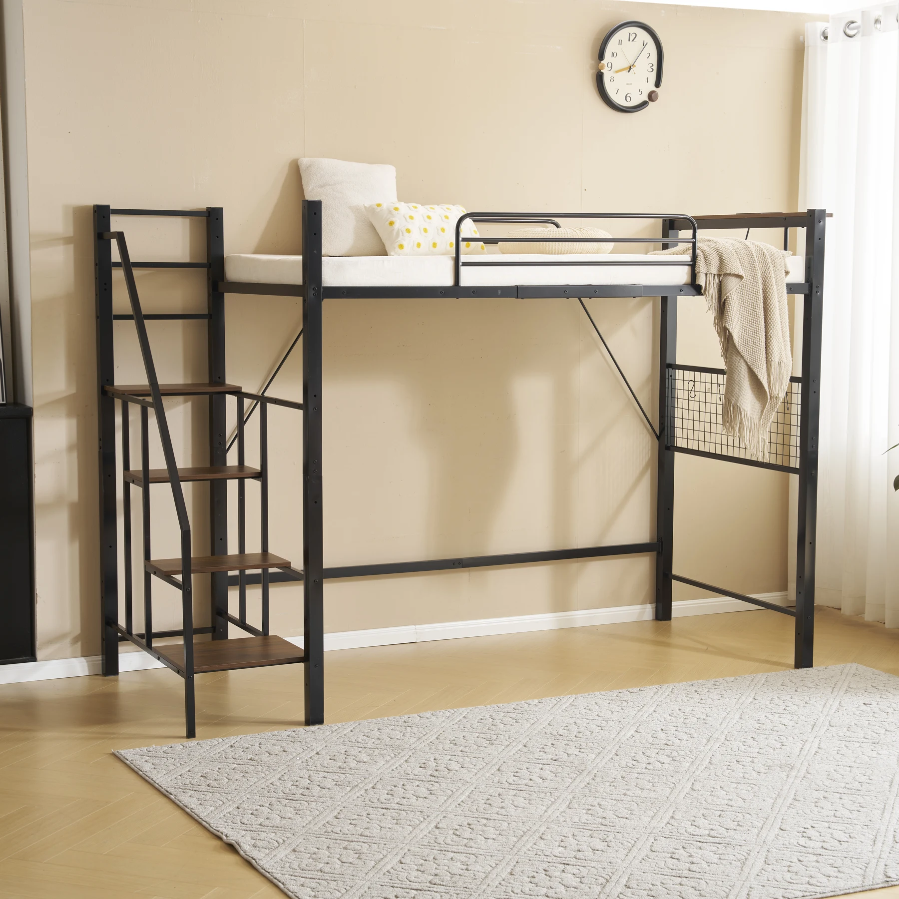 【 ブラック】システムベット ロフトベッド シングル コンセント付き 収納付き 耐荷重150kg 高さ173cm 北欧風 スチールネット S型フック付きスチール 耐震 ベッド パイプベッド