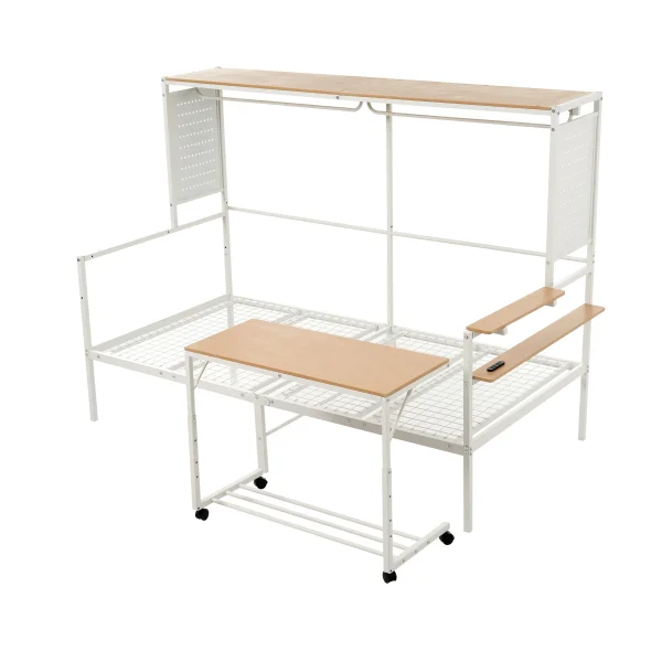 【ホワイト】 システムベット ロフトベッド シングル スチールネット付き 移動型デスク付き 北欧風 木目 子供ベッド 大人ベッド 一人暮らし スチール 耐震 ベッド