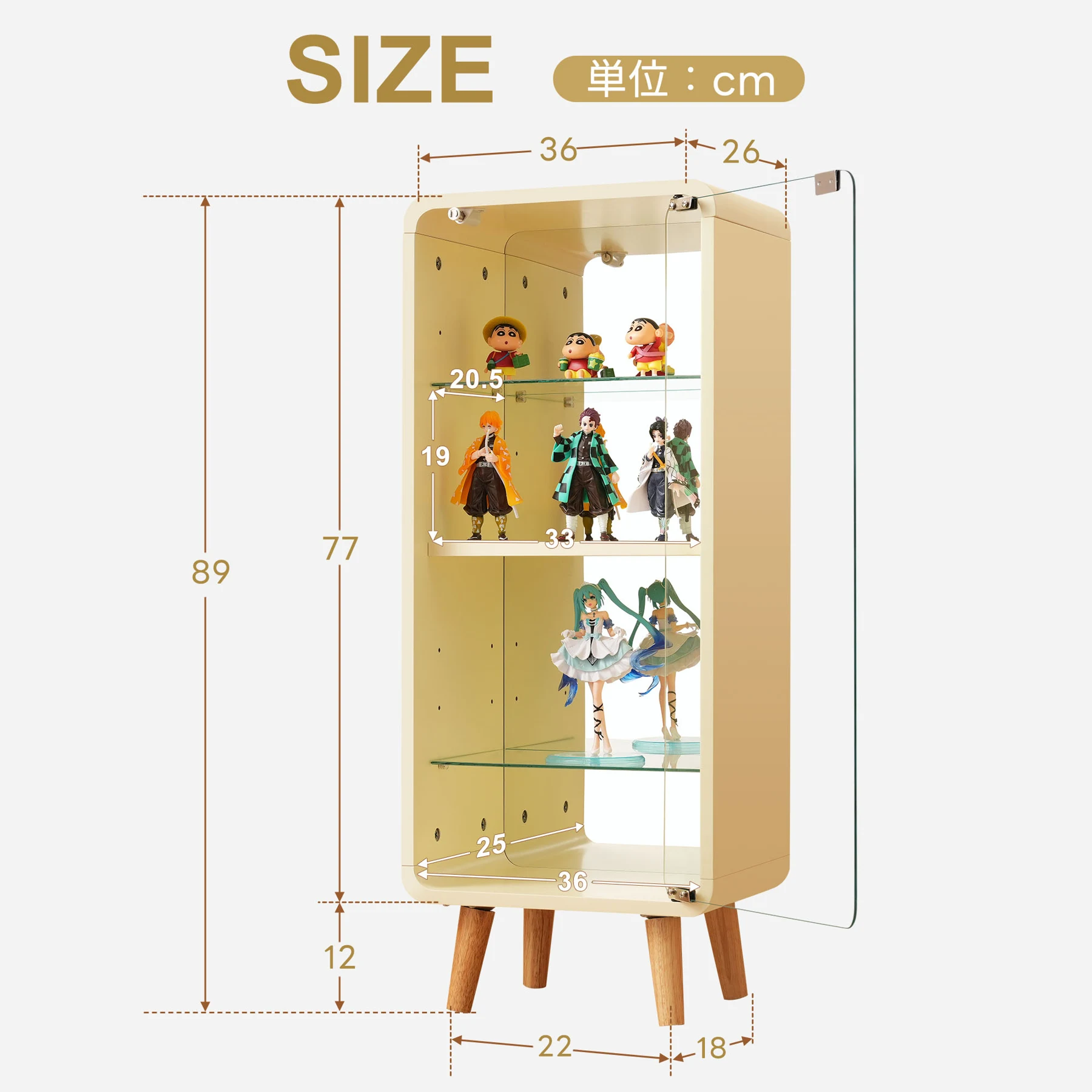 コレクションケース コレクションシェルフ ガラスディスプレイキャビネット4段 高さ調節可能 フィギュア 収納 背面ミラー 強化ガラス棚 サイズ:幅36*奥行26*高さ89CM グレー