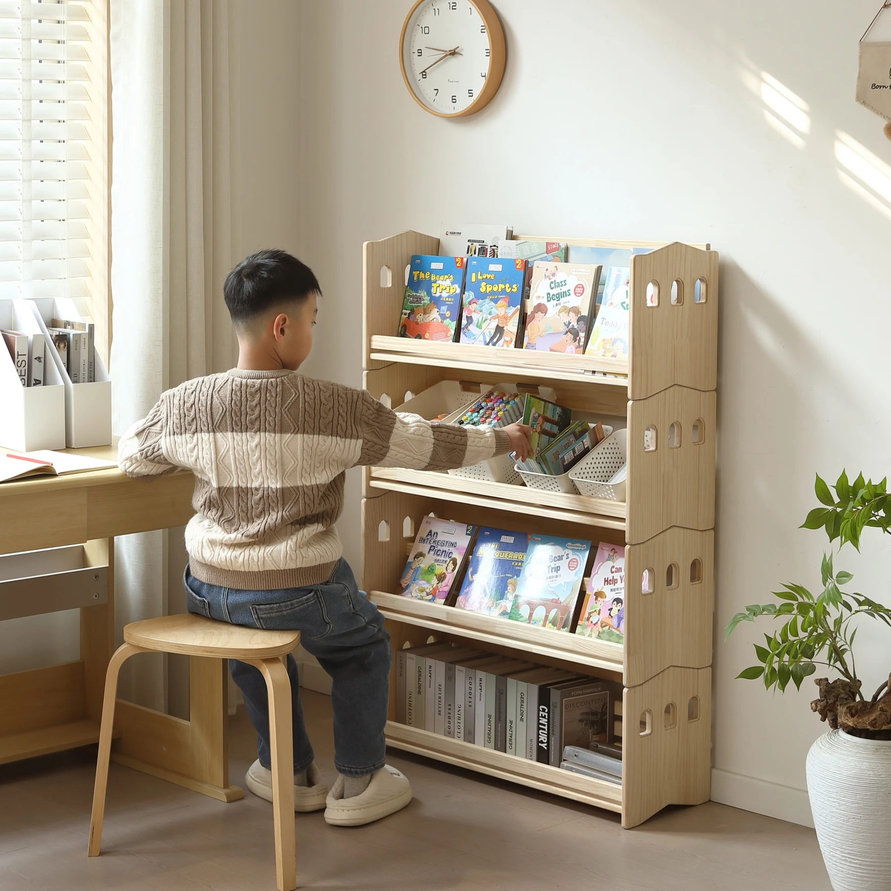 【絵本棚のみ-4段】組み合わせ自由自在 本棚 ブックシェルフ おもちゃ箱 天然木製 オープンラック ランドセル対応 おもちゃラック 絵本棚 三段 四段 分割使用 おもちゃ収納 飾り棚 パイン材 スリム 絵本 収納ラック フィギュア おもちゃ ディスプレイ 本棚 大容量