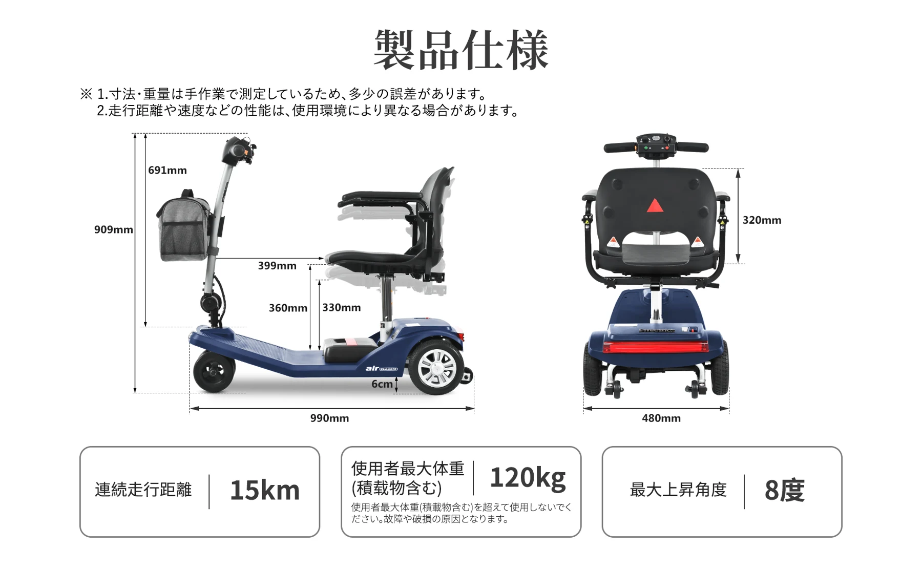 高齢者向けの電動モビリティスクーター,積載量は 120 KG、速度は 6 KM/H、走行距離は 15 KM、取り外し可能なリチウム バッテリー、アルミ合金フレーム、運転免許証は不要です-AIRCLASSIC BLUE