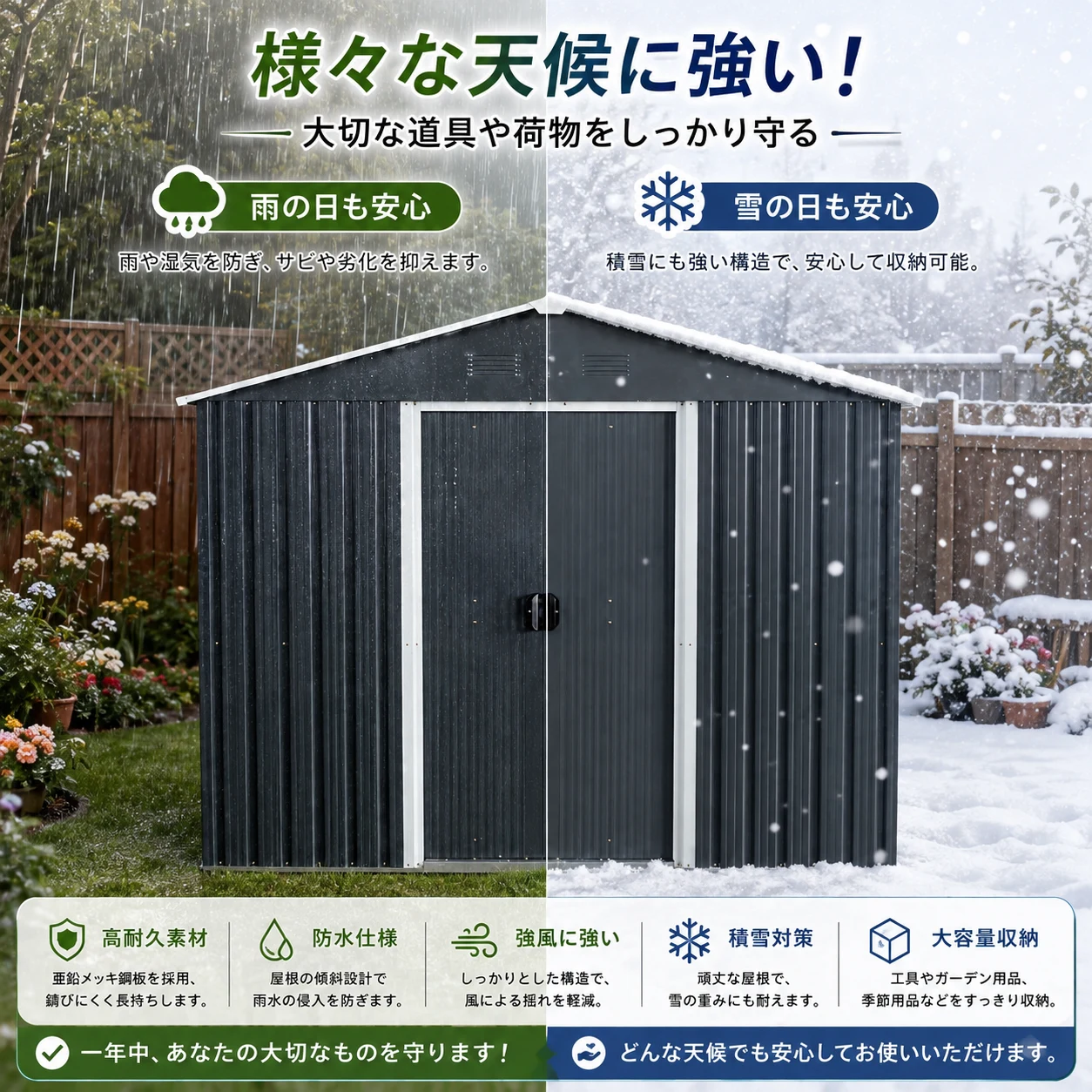 物置 屋外 戸外収納庫 スチール 幅236*奥行き303*高190 引き戸両開きタイプ 換気口付き 防さび ベランダ 防水 ガーデニング 庭
