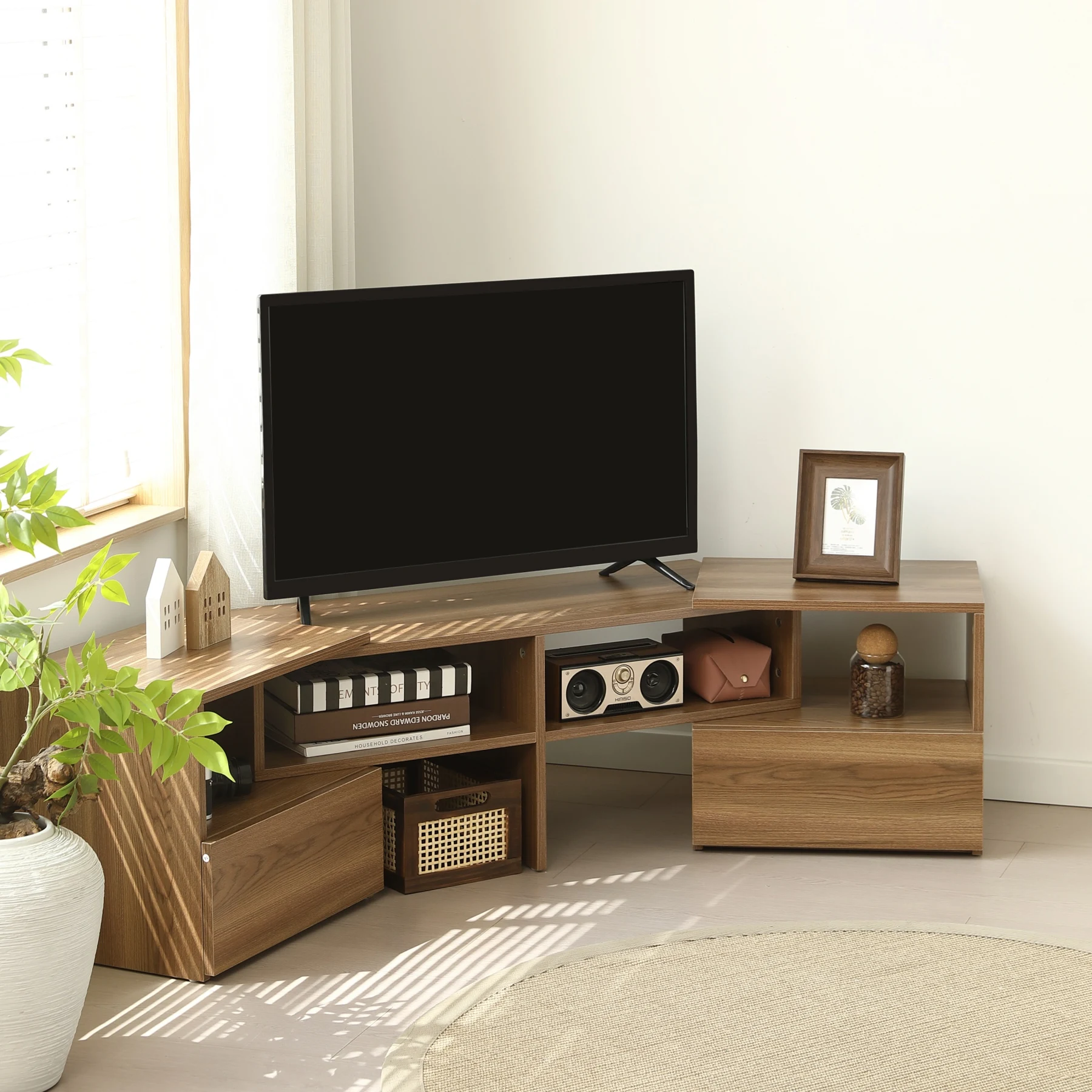 テレビ台 ローボード コーナーテレビ台 伸縮自由 幅93~172cm 高さ38cm 引き出し付き テレビボード テレビラック リビングボード おしゃれ 北欧 L字収納 TV台L字 TVボード コーナー収納ロータイプ 棚 シンプル スリム 大容量