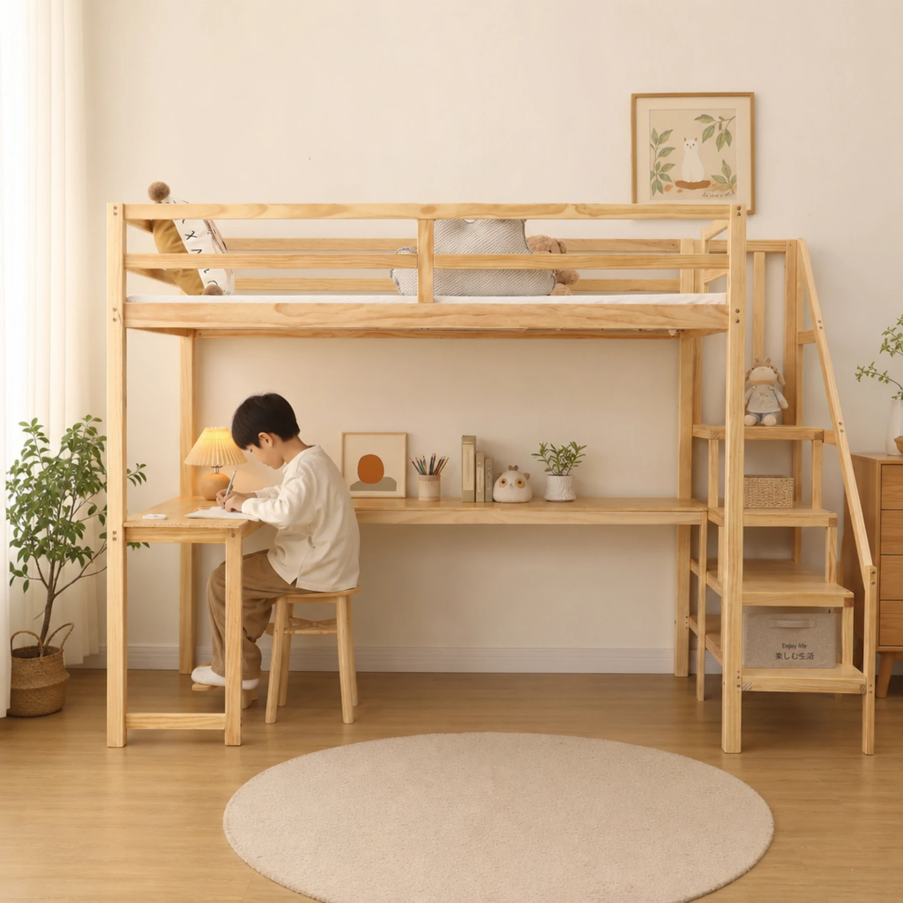 ロフトベッド システムベッド デスク+階段 デスクベッド 学習机 すのこ シングル 収納 子供ベッド 省スペース 耐震 ベッド セット 木製ベッド おしゃれ 天然木 収納スペース 子供部屋 すのこベッド 木製ベッド シングルベッド