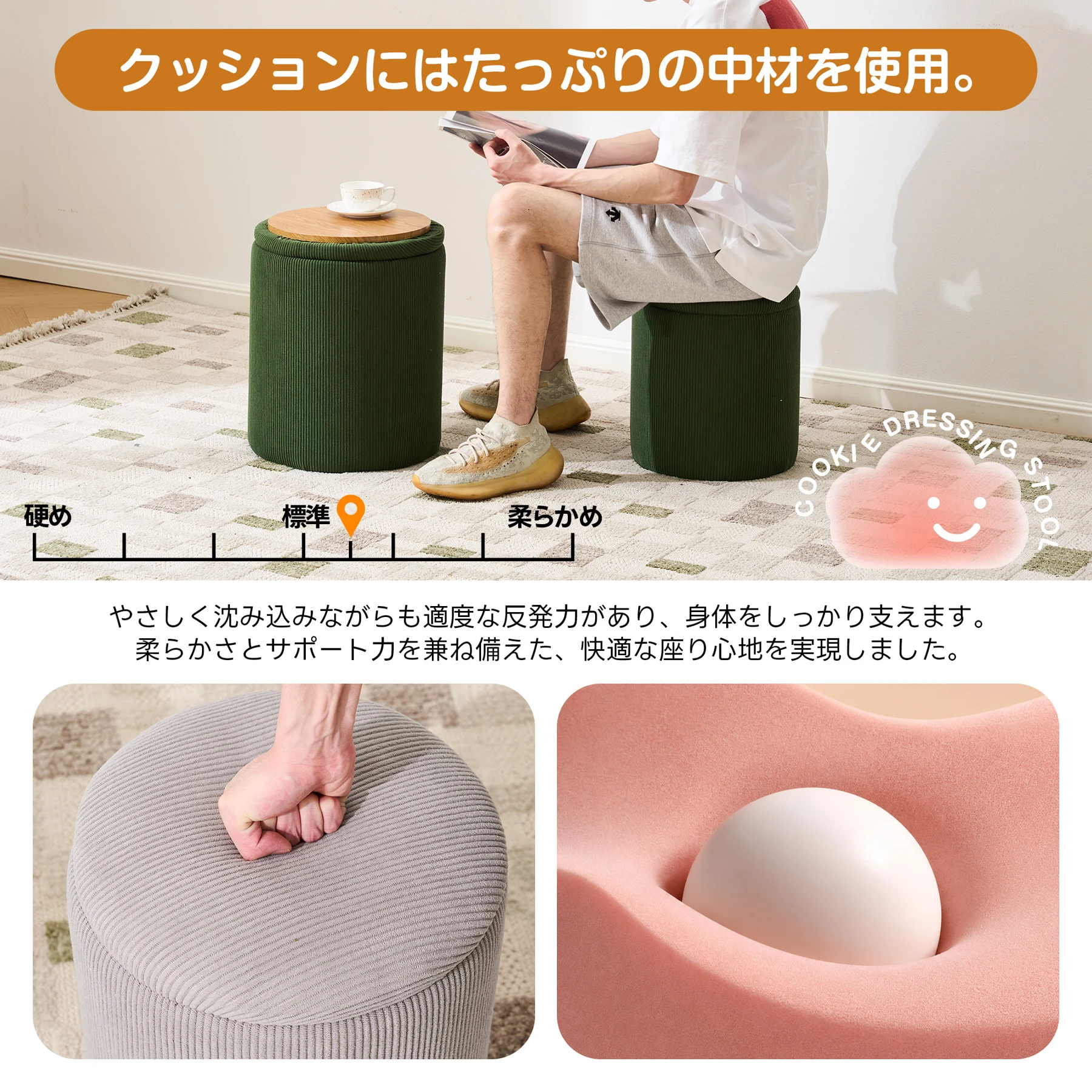 収納スツール 蓋付き 2WAY ネストスツール 子母スツール 収納ボックス オットマン サイドテーブル コーデュロイ調 布張り 丸型 コンパクト 完成品 省スペース 一人暮らし リビング 寝室