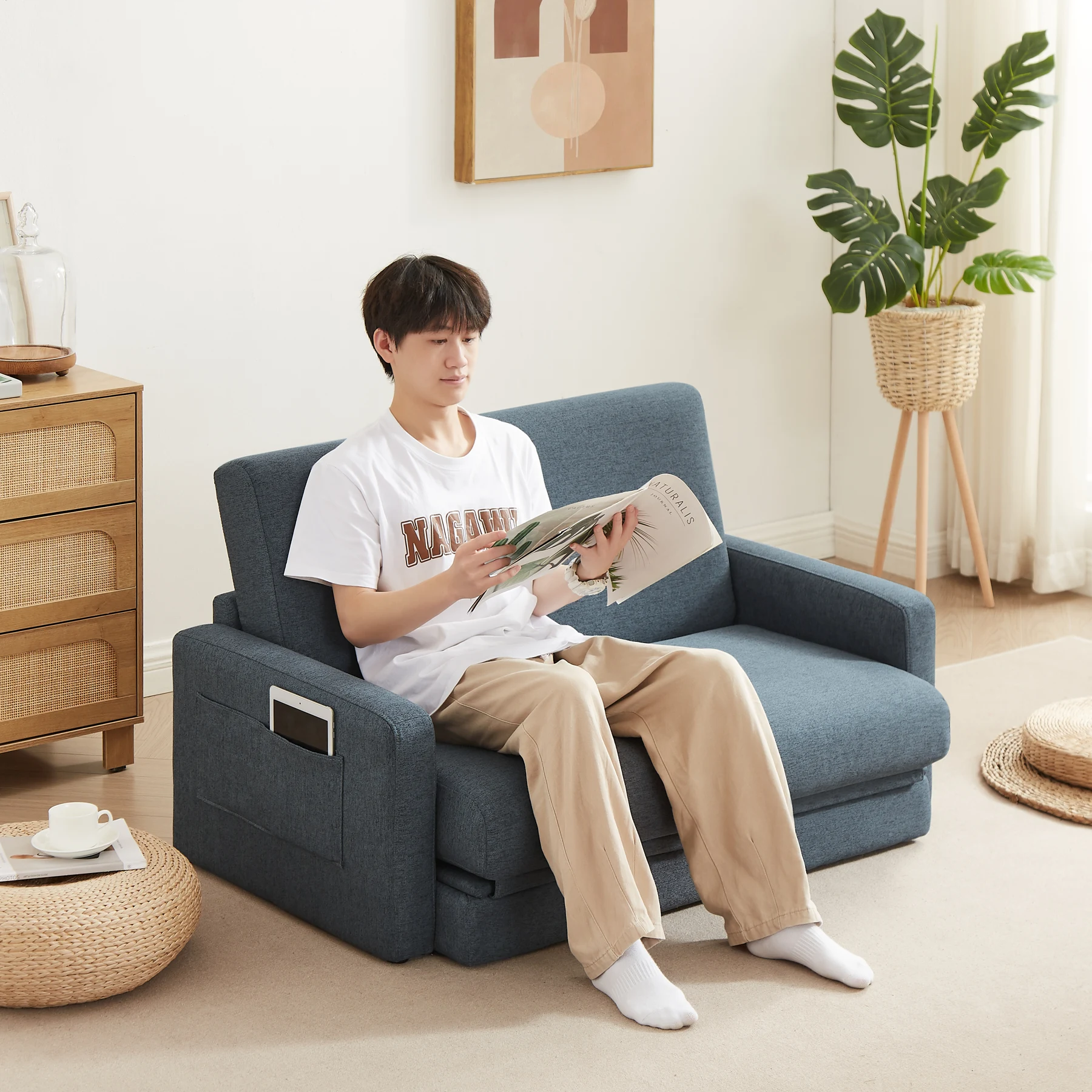 2 seater sofa ソファ 2人掛け 収納付き ファブリック 両側に肘掛け付き 木脚外し可能 ローソファ コンパクト ひとり暮らし カウチソファー