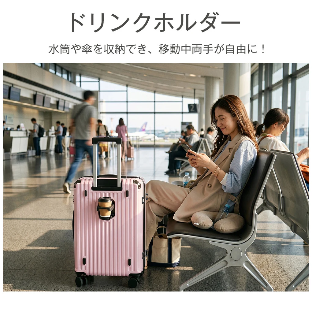 スーツケース Sサイズ 軽量 キャリーケース ストッパー ドリンクホルダー TSAロック 超軽量 静音 ダブルキャスター 大容量 防水ポケット スムーズ おしゃれ 海外 出張用 ビジネス かわいい