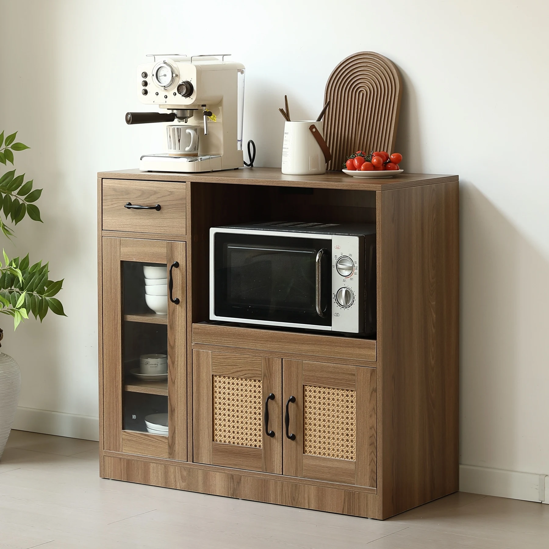 キッチンカウンター 食器棚 キッチンキャビネット レンジ台 キッチン収納 幅88cm ラタン調 引き出し付き 組立品 扉付き スライドレール ロータイプ キッチンラック レンジボード 収納 ガラス コンパクト