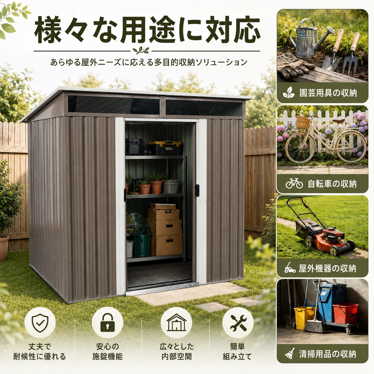 物置 屋外 戸外収納庫 スチール 幅195*奥行き150*高180 引き戸両開きタイプ 換気口付き 防さび ベランダ 防水 ガーデニング 庭