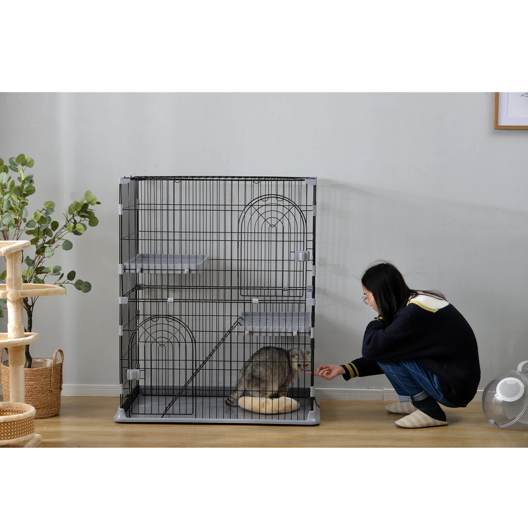 おしゃれ 猫 ケージ キャットケージ 2段 猫ゲージ おしゃれ キャットハウス ネコ ハウス 多段 留守番 保護 脱走防止 多頭飼いペットケージ【グレー】