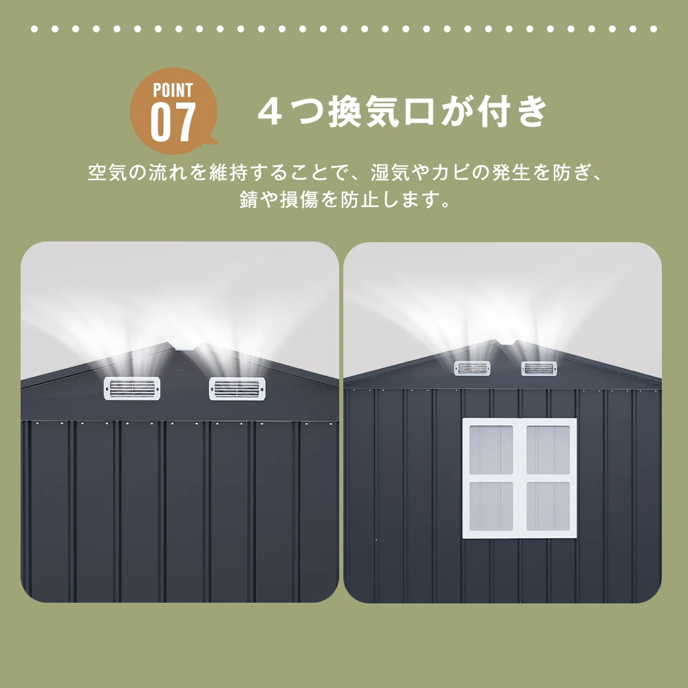 物置 屋外 大型 倉庫 大型物置 戸外収納庫 物置 防水/耐侯 収納可能 ガーデン/庭/田畑/農場 頑丈 大容量 スチール 両開きドア 補強フレーム付き 換気口付き 窓付き 床なし