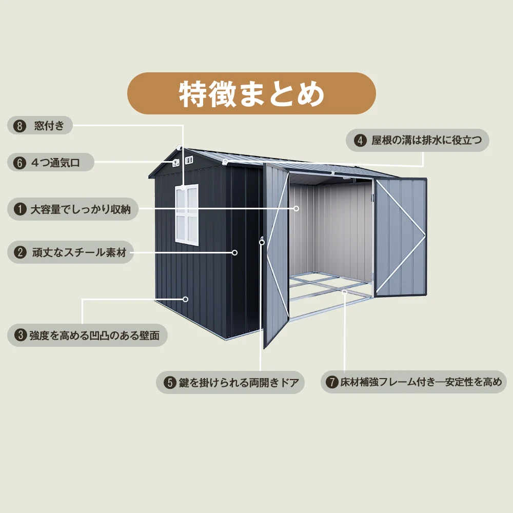 物置 屋外 大型 倉庫 大型物置 戸外収納庫 物置 防水/耐侯 収納可能 ガーデン/庭/田畑/農場 頑丈 大容量 スチール 両開きドア 補強フレーム付き 換気口付き 窓付き 床なし