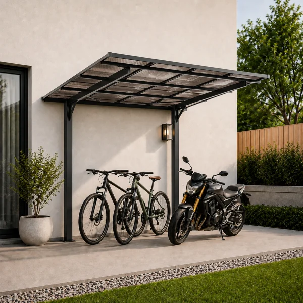 テラス屋根 ベランダ 屋根 ひさし大型 重量型 バルコニー 雨よけ サイクルポート 2本の柱 パーゴラ 幅242*奥行き255*高242 ポリカーボネート 屋根 裏庭とバルコニーに適用 壁面取り付け基準に適合