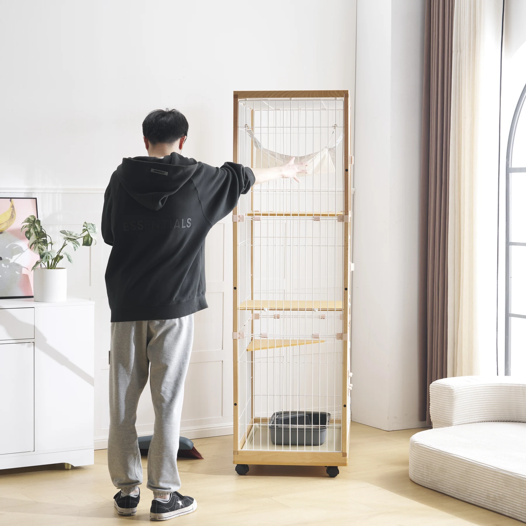 【2025年新仕様】猫 ケージ キャットケージ 3段 木製フレーム ハンモック付 広々 大型 猫ゲージ 高級感 おしゃれ キャットハウス ネコ ハウス 多段 留守番 脱走防止 多頭飼い 多頭 スチール ペットケージ【ナチュラル】