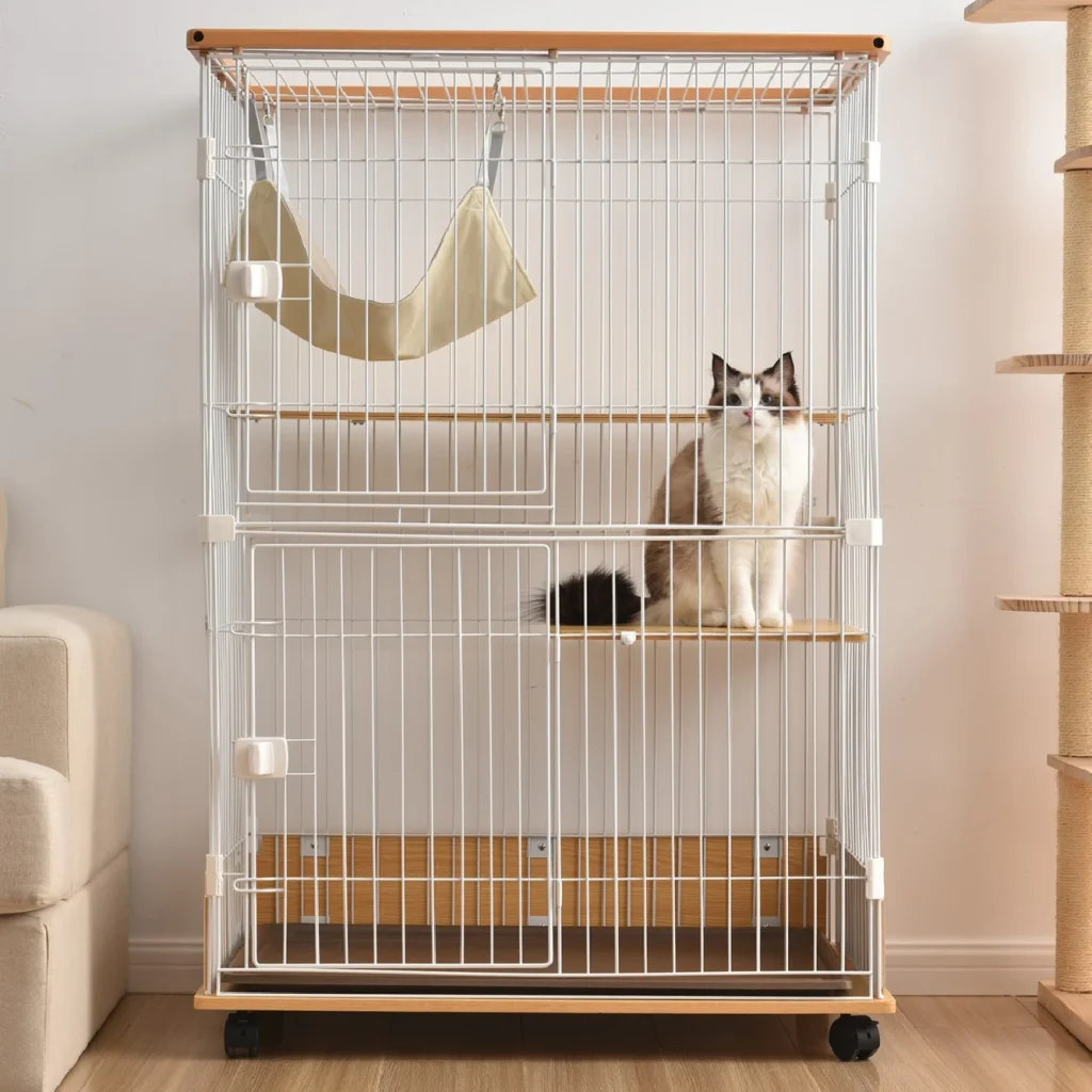 猫 キャットケージ 木製 二段 ナチュラル 1段2段可能 キャスター付 キャットハウス留守番 保護 脱走防止 多頭飼い