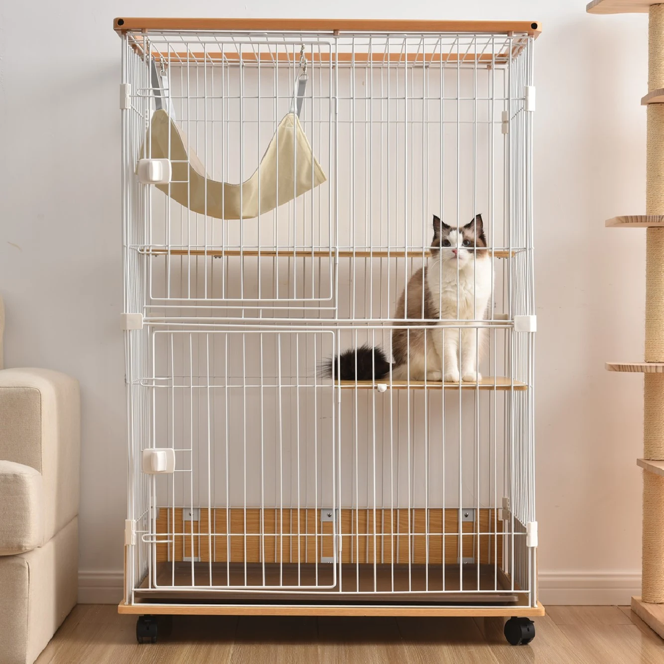猫 キャットケージ 木製 二段 ナチュラル 1段2段可能 キャスター付 キャットハウス留守番 保護 脱走防止 多頭飼い