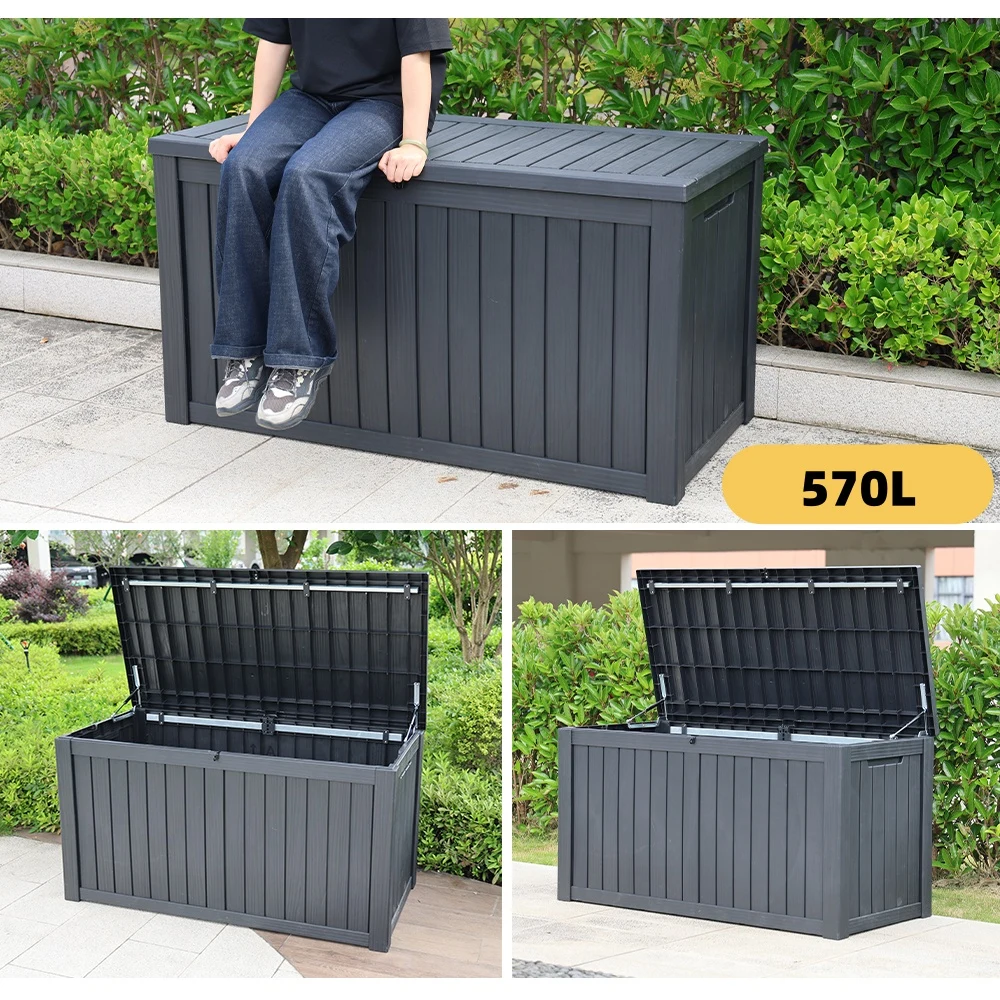 【ブラック 570L 油圧シリンダー付き スチールプレート補強】戸外収納庫 収納ボックス 置き配 ゴミ箱 小型 屋外 ストッカー 防水/耐侯 収納可能 ガーデン/庭/ベランダ 頑丈