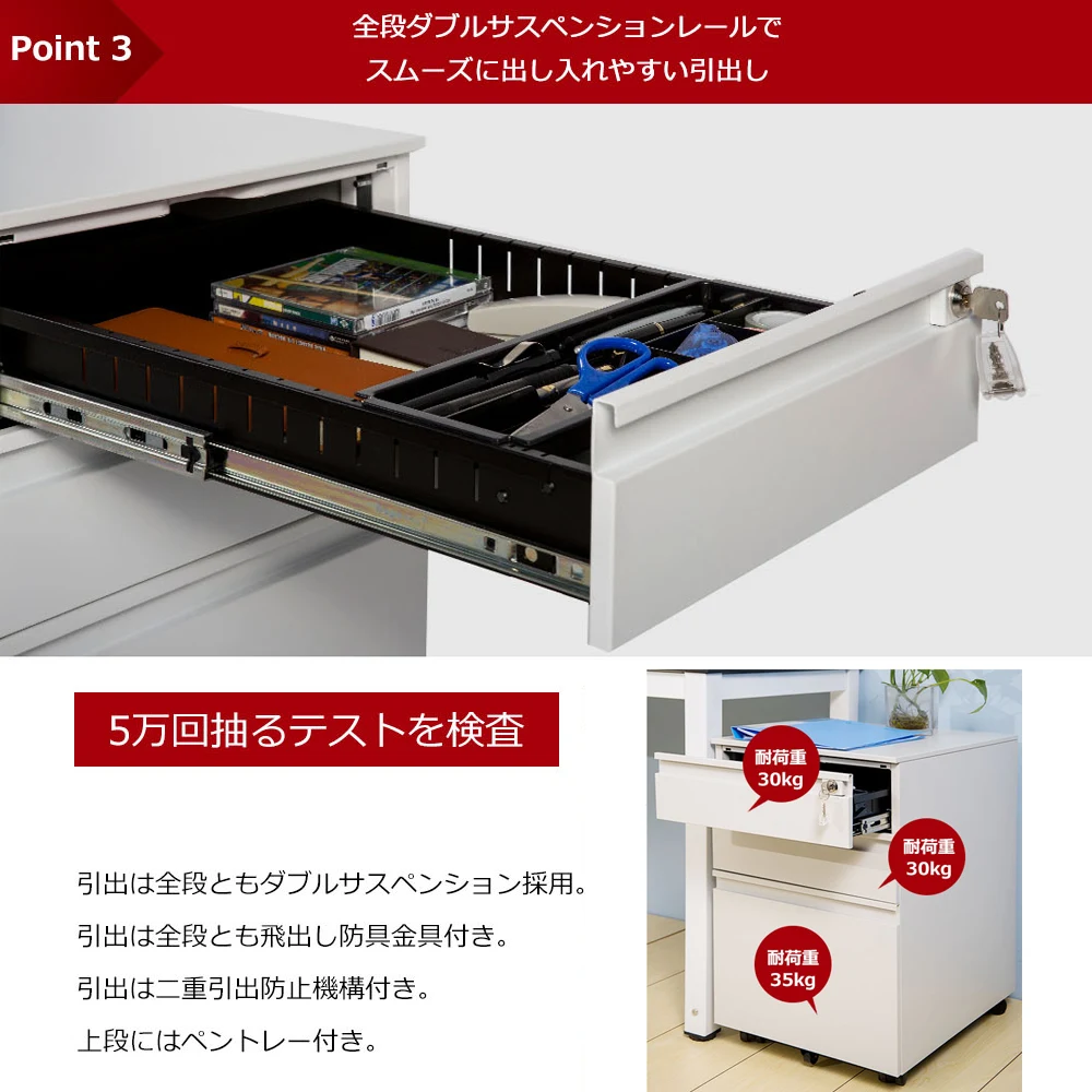 オフィスワゴン(グレー)デスクワゴン 完成品 サイドワゴン 1年安心保証 オフィスワゴン 大容量 3段 組立て不要 キャスター付き 鍵付き ホワイト ブラック サイドデスク ワゴン A4 ファイル デスクキャビネット 60cm
