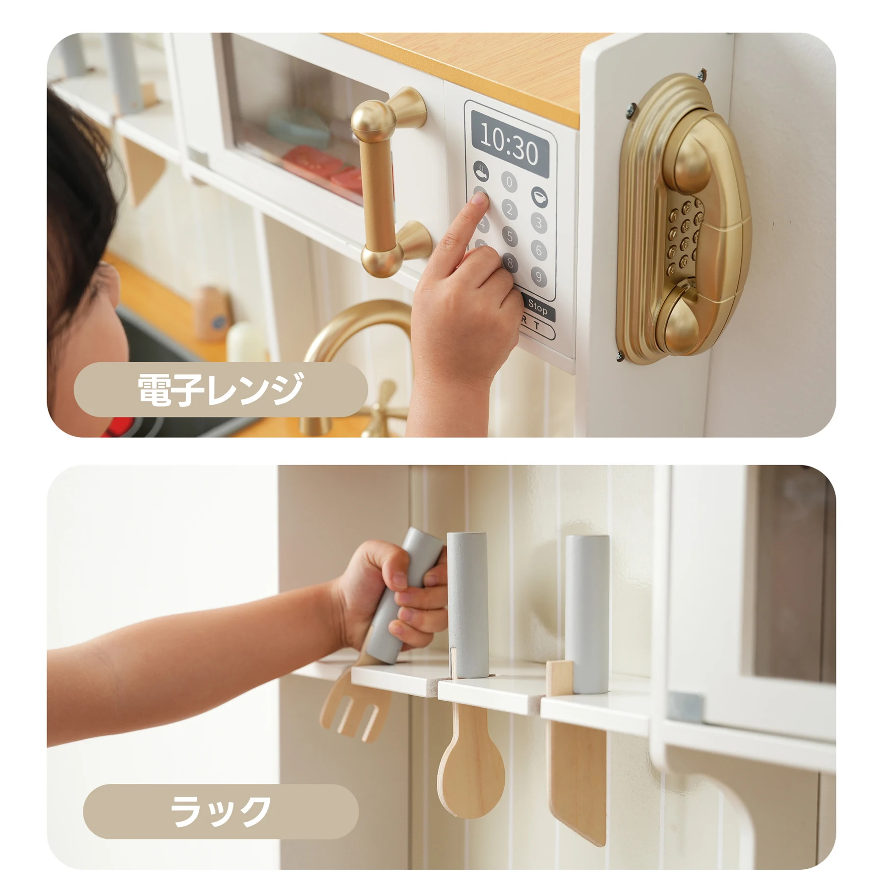 おままごと キッチン ヨーロピアンシェフ風 10点付属品 木製 台所 食材 卵 魚 トマト 調理器具付き 調味料 知育玩具 コンロ 電子レンジ 家事 おもちゃ キッズ ベビー 誕生日 プレゼント【ホワイト】