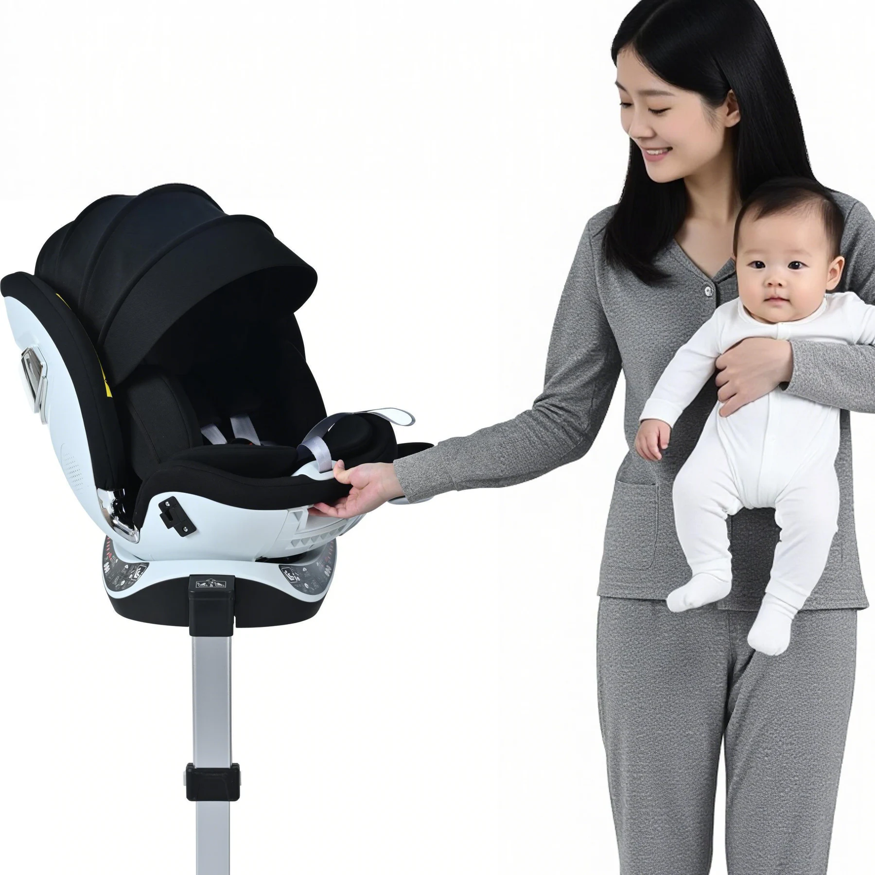 【サポートレッグ】【片手で回転】 新安全基準R129適合 チャイルドシート ISOFIX 360度回転 0-12歳頃 40~150cm キャノピー付き ジュニアシート 長く使える 洗える 取付簡単 キッズシート ベビーシート 出産祝い【グレー】