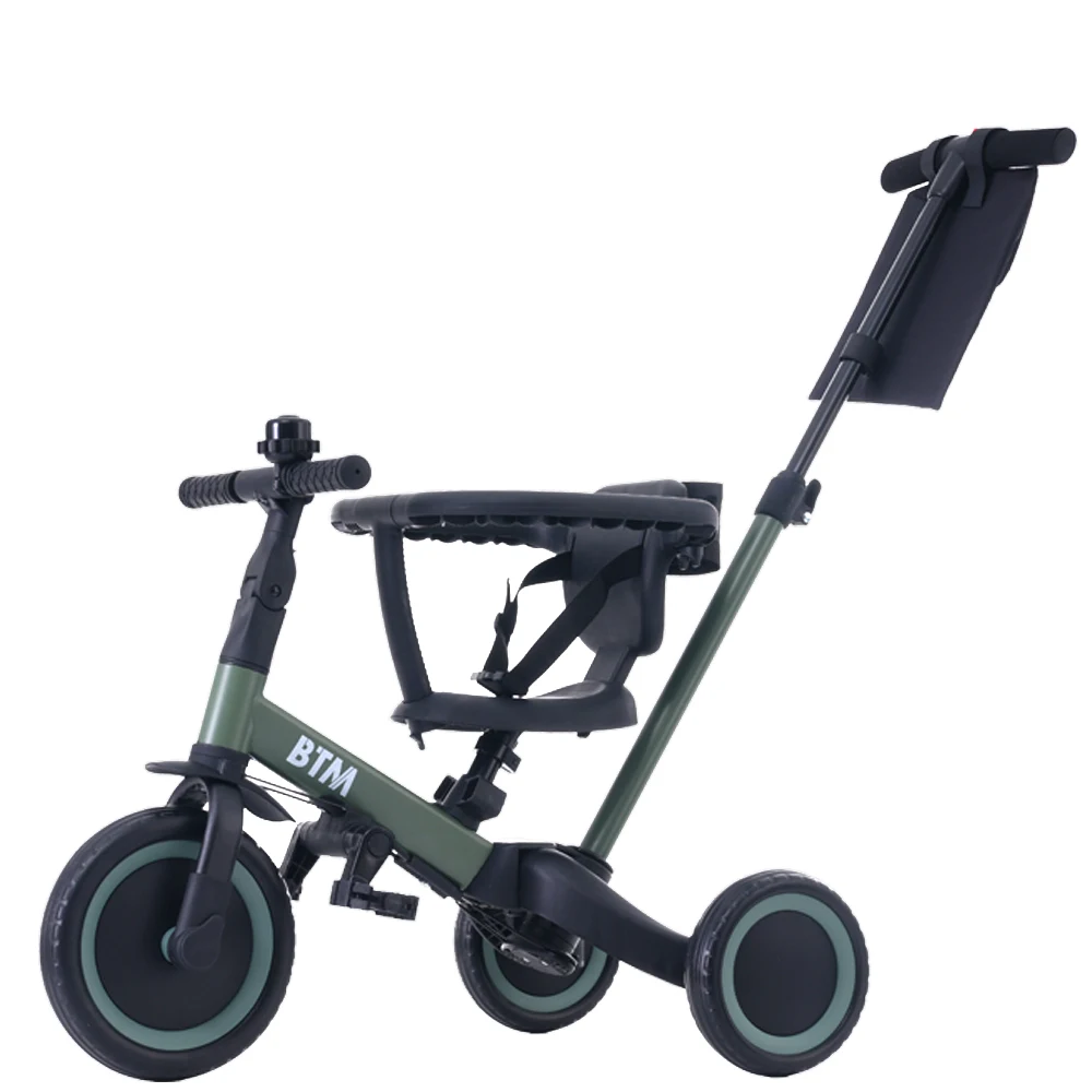 子供用三輪車 5in1 (マットグリーン) 自転車 オリジナル 押し棒付き 安全バー付き キックボード カップホルダー ベル バッグ付き