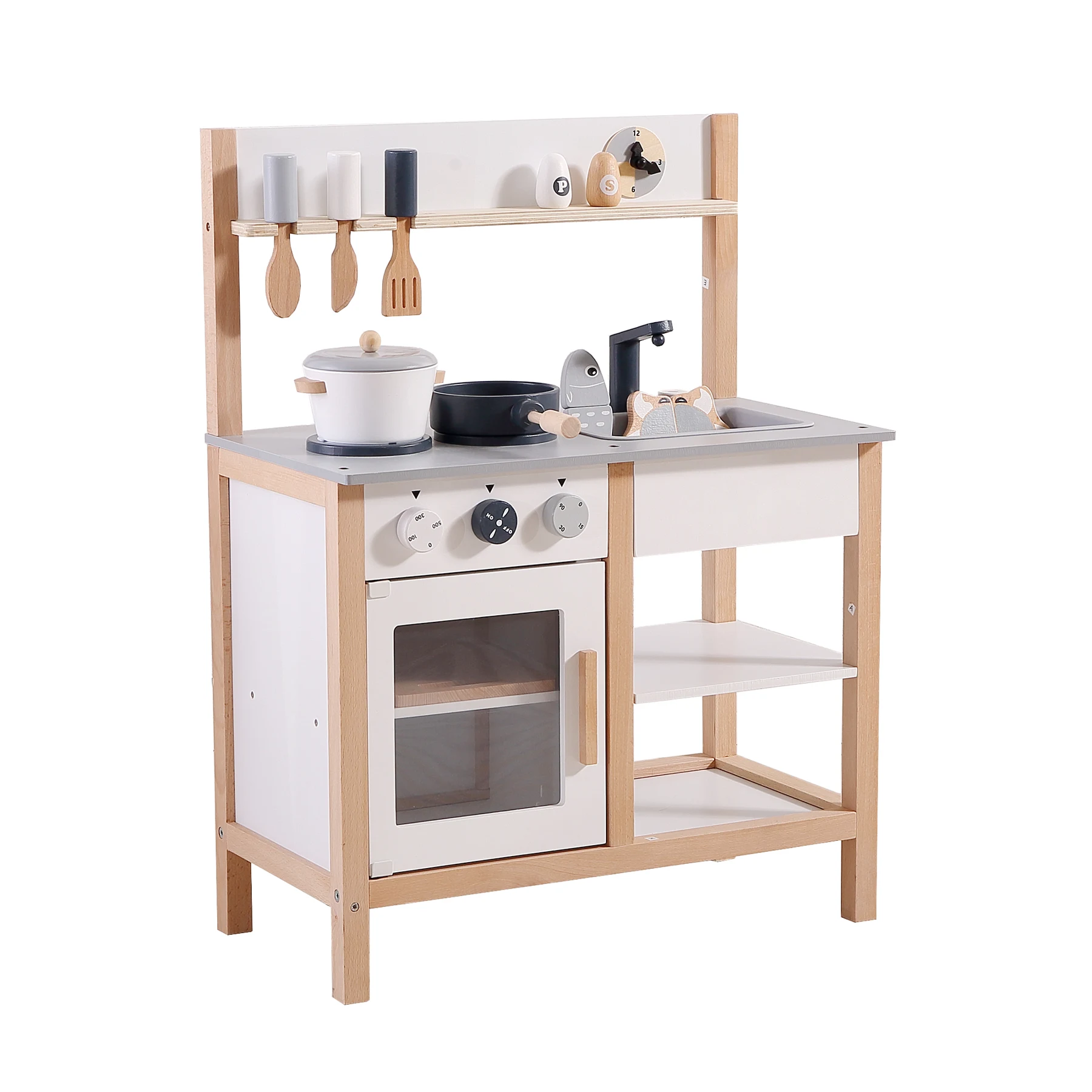おままごとキッチン 木製 誕生日 台所 調理器具付 食材 知育玩具 コンロ ミニキッチン おもちゃキッチン【ホワイト】