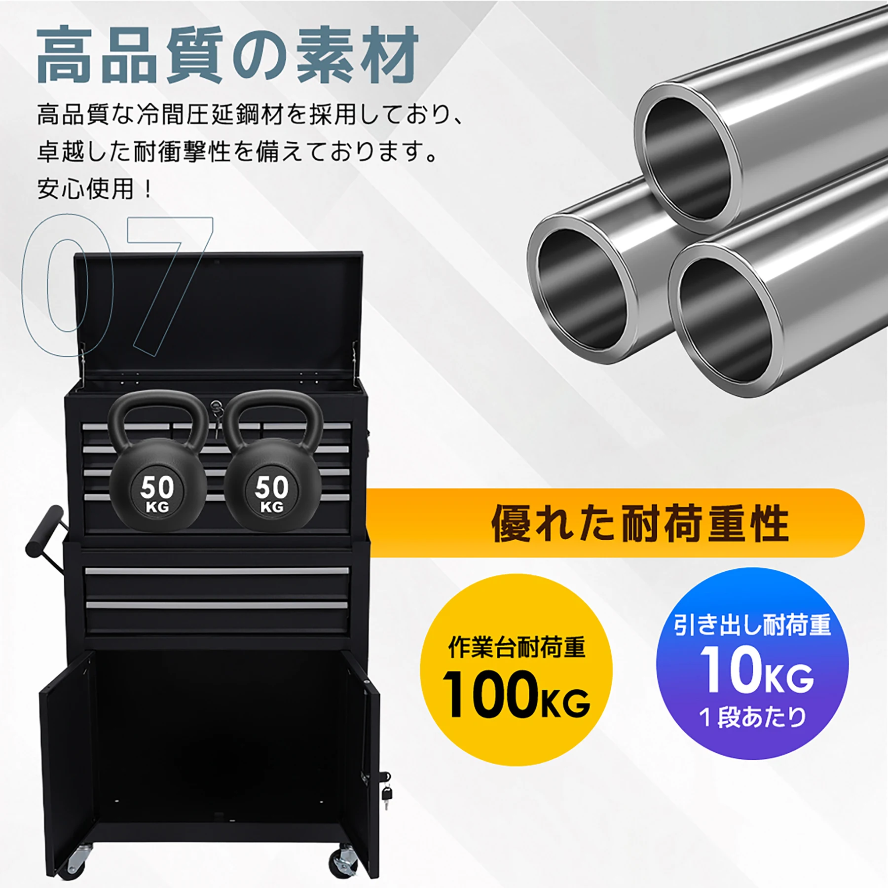 3WAY 分割可能 ツールキャビネット ツールワゴン ツールカート工具カートロールキャビネット スチール ローラーキャビネットハンドル 耐荷重100KG DIY 8段引き出し 有孔ボード付き 鍵付き キャスター付き ロック付き