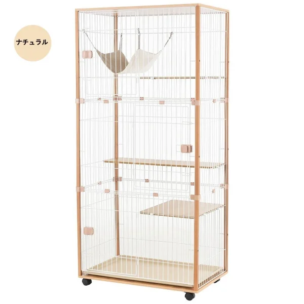 猫 キャットケージ ケージ 木製 キャットハウス ネコ ハウス 留守番 保護 脱走防止 多頭飼い 多頭 スチール 三段 （ナチュラル）