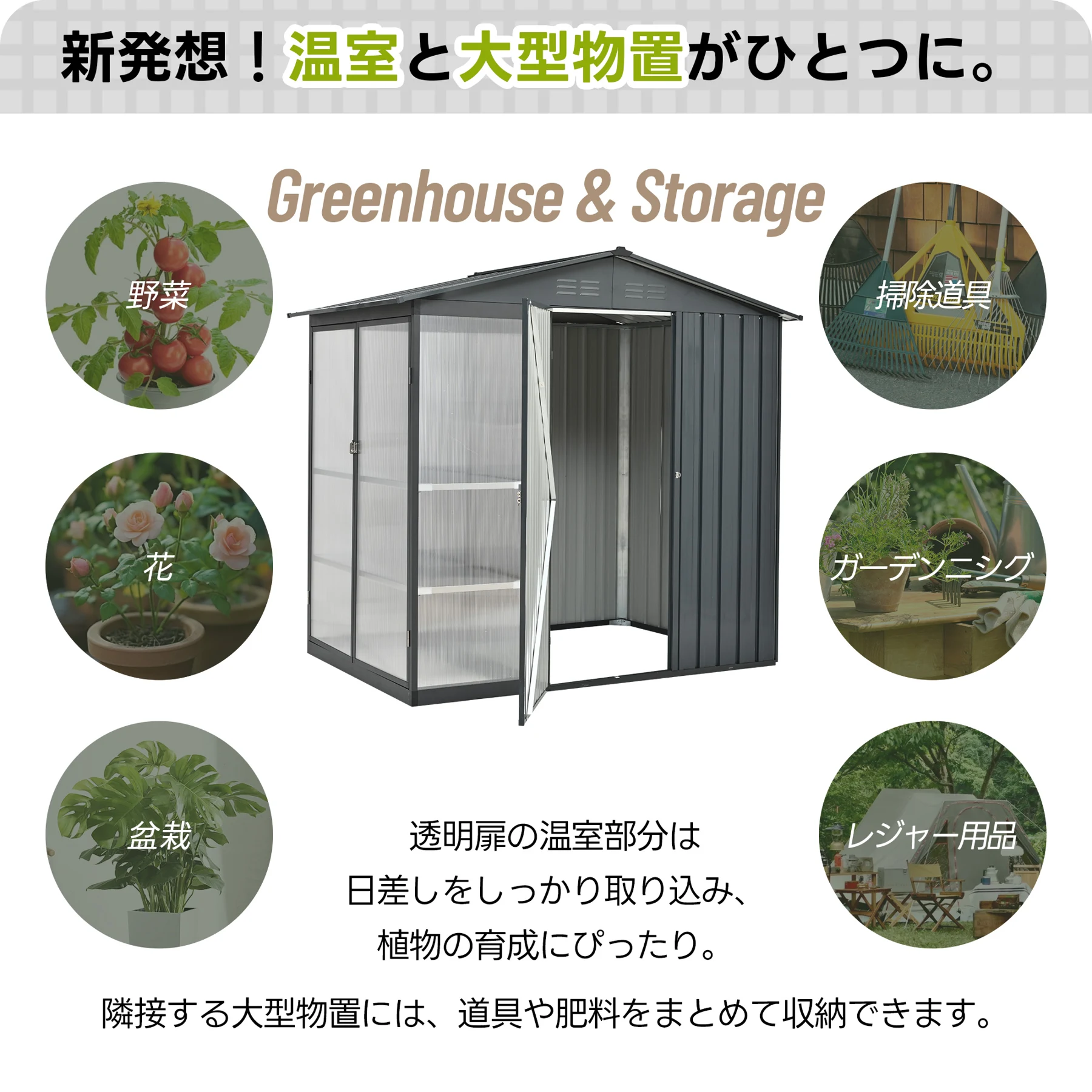 【温室付き】物置 屋外 スチール 可動棚 倉庫 戸外収納庫 W180*D121*H180cm 物置き おしゃれ 大型 収納庫 屋外物置 防さび ベランダ 防水 ドア スチール物置 屋外収納 ガーデニング 庭 新作【ブラック】