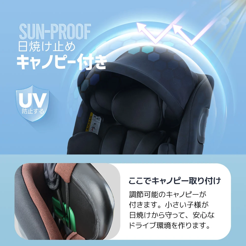 【サポートレッグ】チャイルドシート 新生児 ISOFIX 0歳~12歳 360度回転式 40~150cm ジュニアシート 調節可能 洗える キャノピー付き ベビーシート ドリンクホルダー付き 出産祝い 車【ブラック】