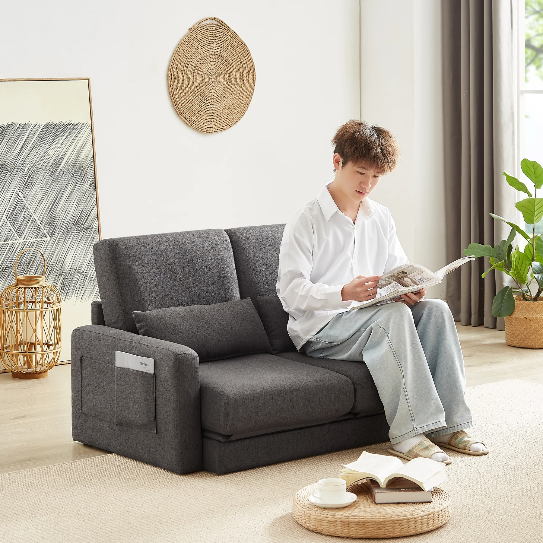 2 seater sofa ソファ 2人掛け 収納付き ファブリック 両側に肘掛け付き 木脚外し可能 ローソファ コンパクト ひとり暮らし カウチソファー