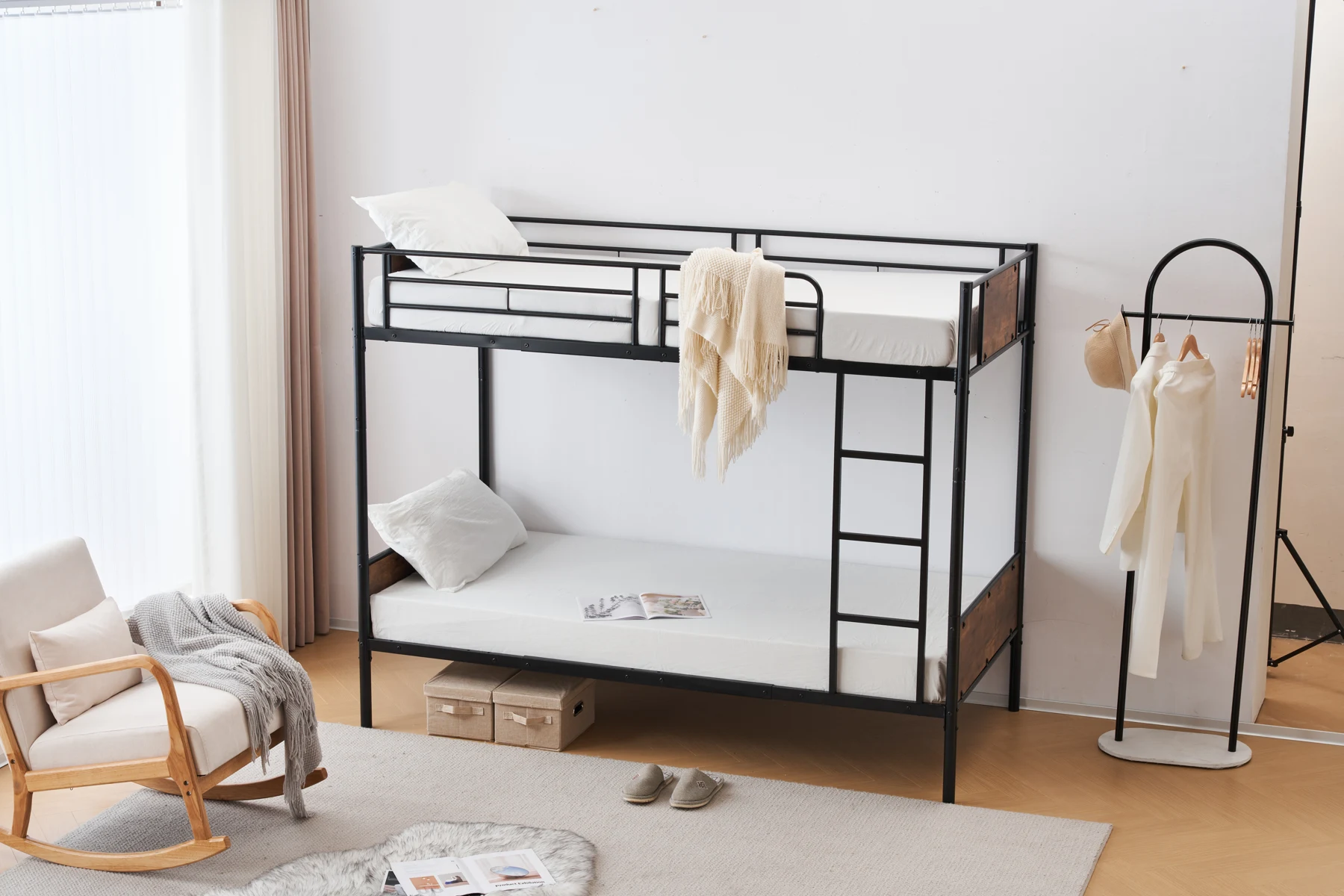 ブラック二段ベッド シングルベッド パイプベッド シングル 木 収納 北欧風 子供部屋 スチール 耐震 ベッド SDG