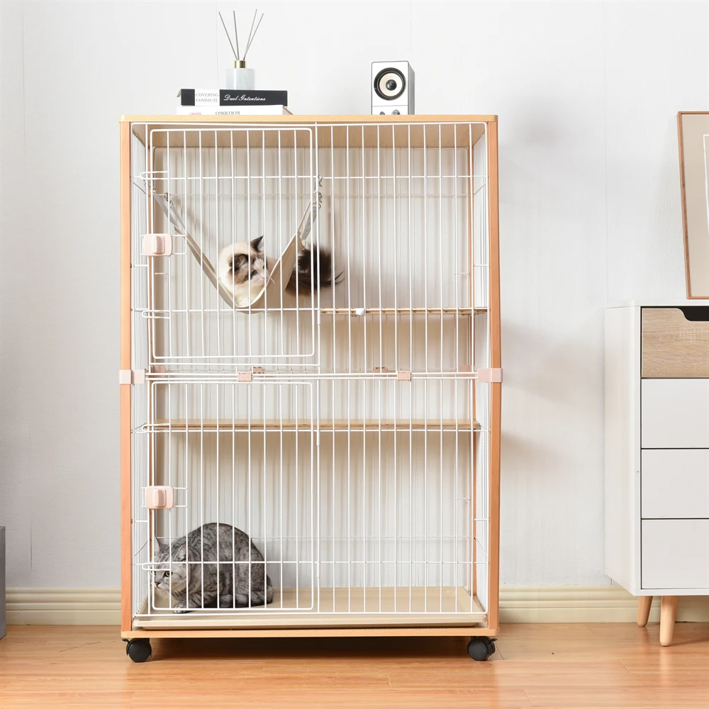 猫 キャットケージ ケージ 木製 キャットハウス ネコ ハウス 留守番 保護 脱走防止 多頭飼い 多頭 スチール 二段 (ナチュラル)