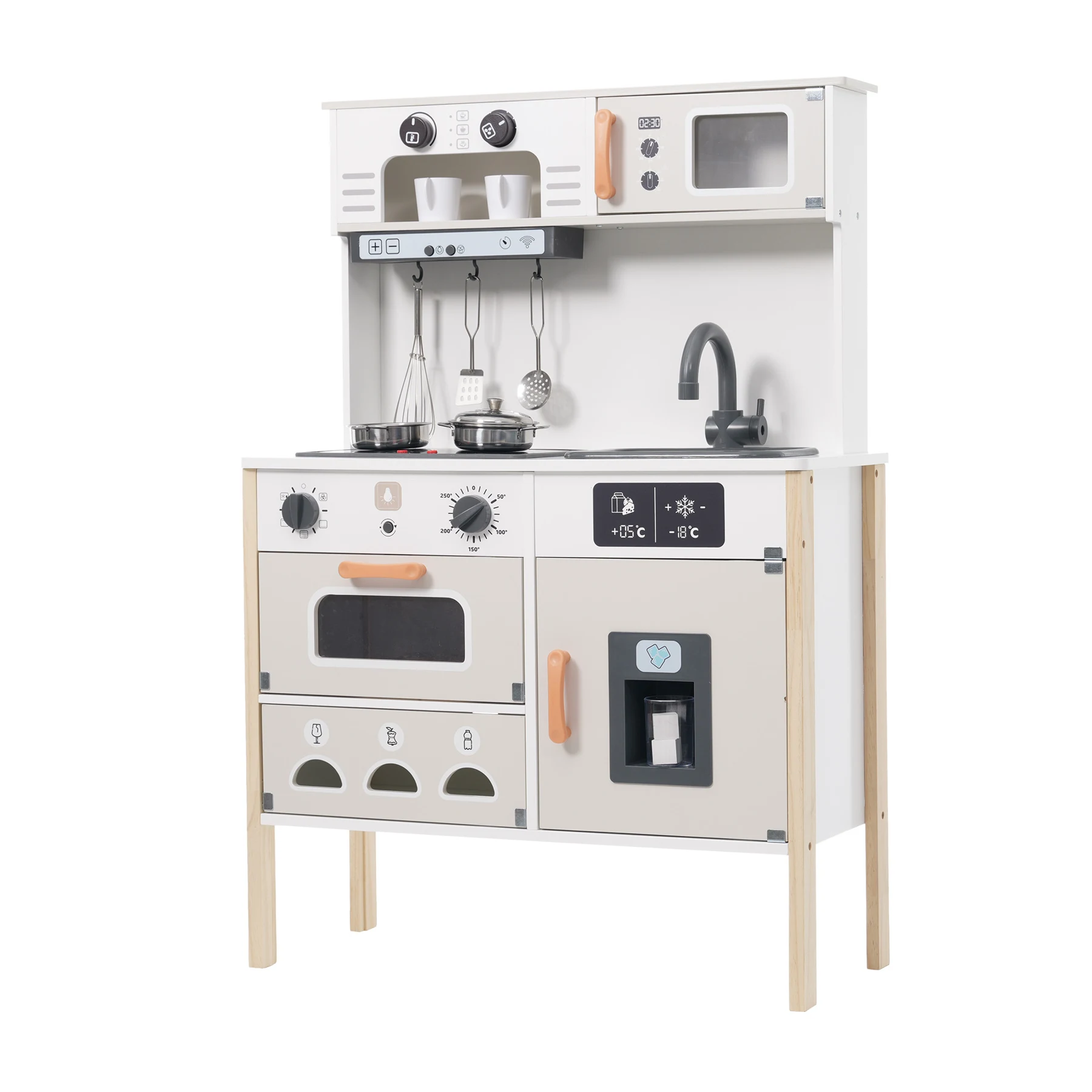 おままごと キッチン 本物みたいピザ付き 泡立て器 木製 コーヒーメーカー 台所 調理器具付き 知育玩具 コンロ 冷蔵庫 製氷機 電子レンジ 家事 おもちゃ キッズ ベビー 誕生日 プレゼント【ホワイト】