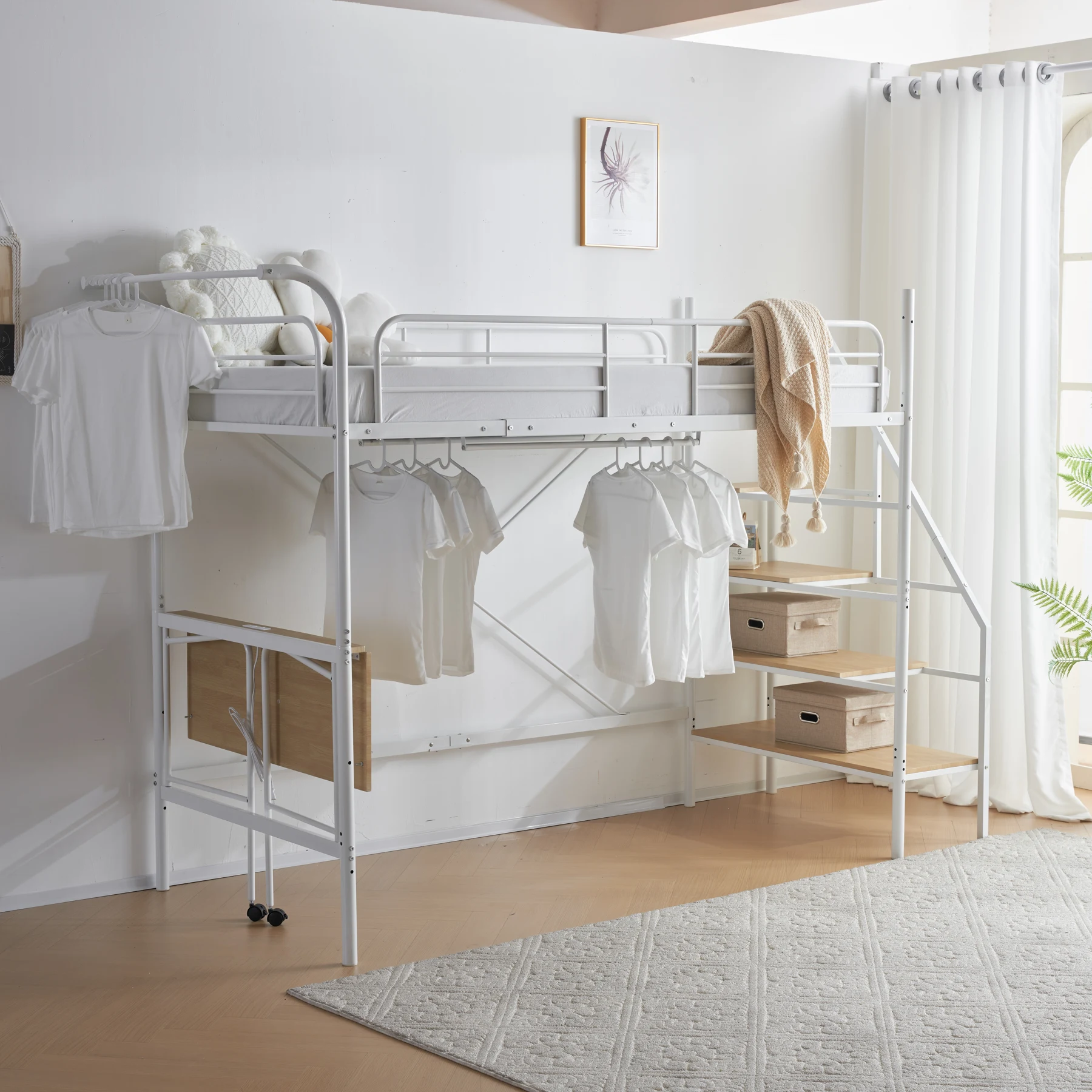 システムベット ロフトベッド シングル デスク付き コンセント付き 収納付き ハンガーポール付き 耐荷重150kg 北欧風 スチール 耐震
