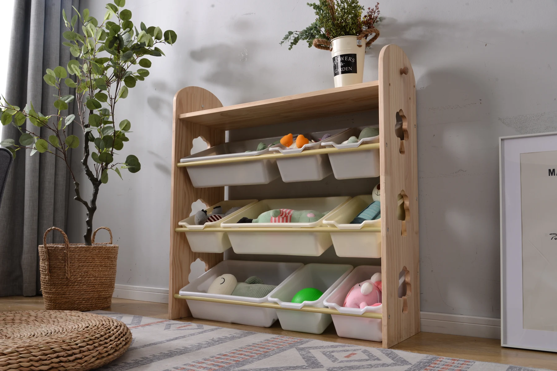 【人気商品】おもちゃ収納4段ラック 子ども用家具 天然木