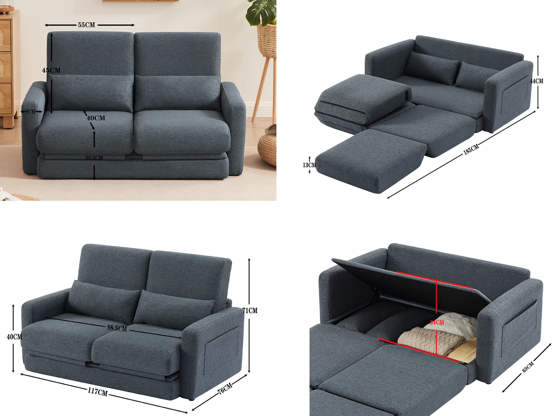 2 seater sofa ソファ 2人掛け 収納付き ファブリック 両側に肘掛け付き 木脚外し可能 ローソファ コンパクト ひとり暮らし カウチソファー