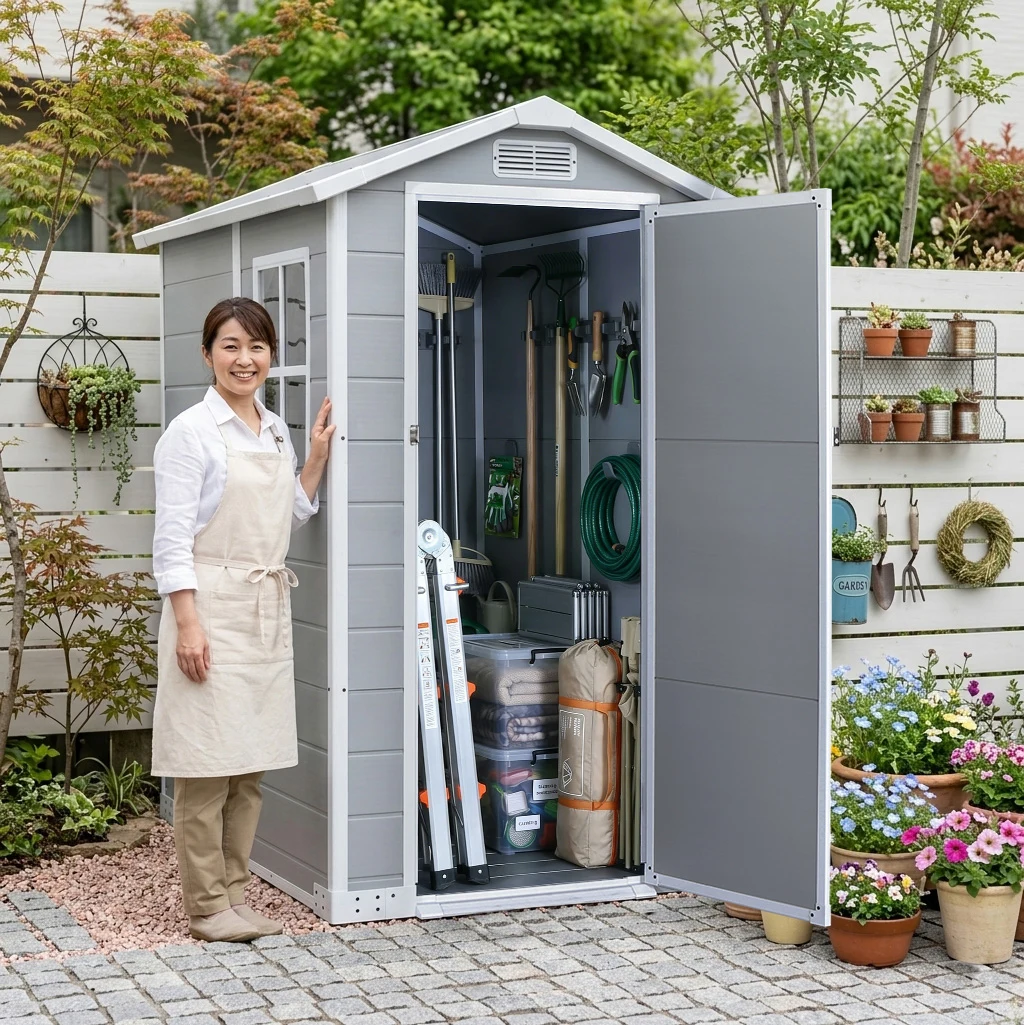 【4000L】物置 屋外 戸外収納庫 XLsize PP樹脂製 窓付き 倉庫 物置き おしゃれ 大型 収納庫 屋外物置 防さび ベランダ 防水 ドア 物置 屋外収納 ガーデニング 庭 新作【ライトグレー】
