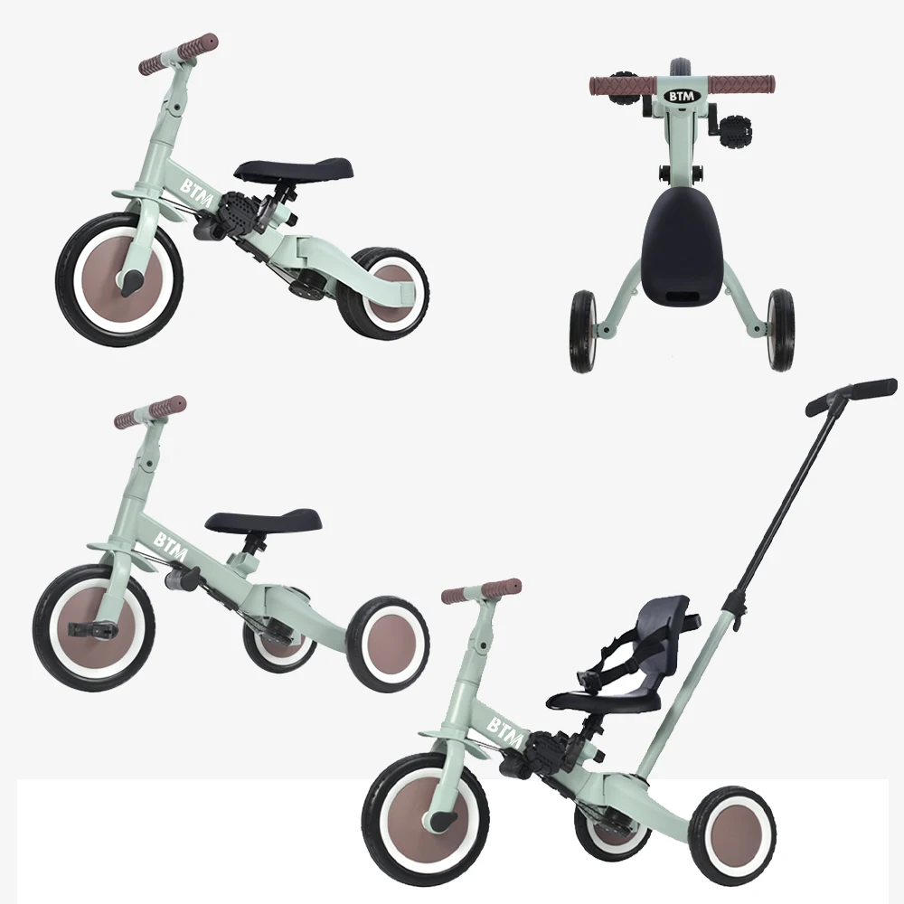 子供用三輪車 4in1 ミント×ブラウン 三輪車のりもの押し棒付き 自転車 おもちゃ 乗用玩具
