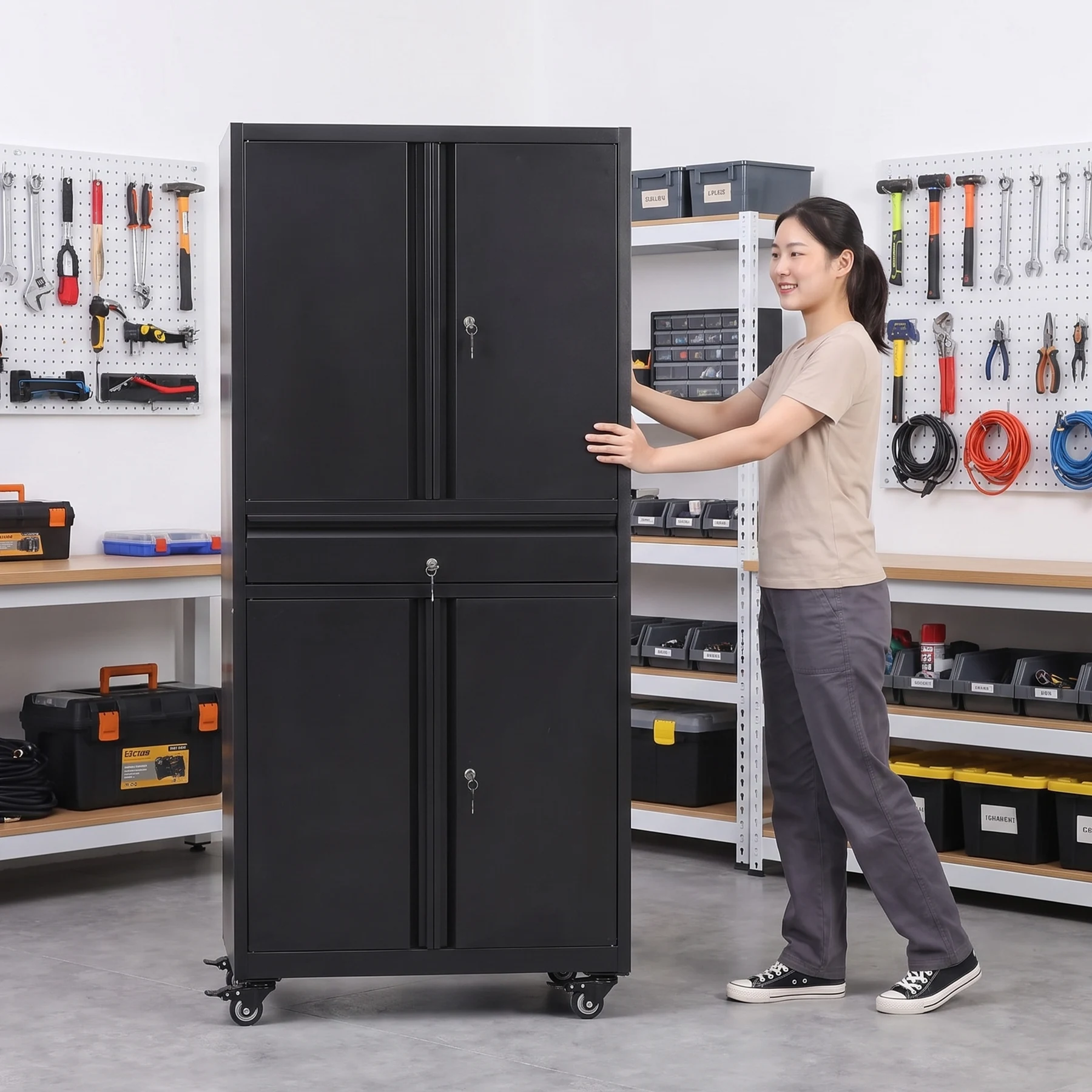 ツールキャビネット ロッカー 大型倉庫 ツールワゴン ツールカート 耐荷重150kg W76cm×D38cm×H170cm工具カート ロールキャビネット スチール ローラーキャビネット DIY 有孔ボード付き 鍵付き キャスター付き ロック付き 新作