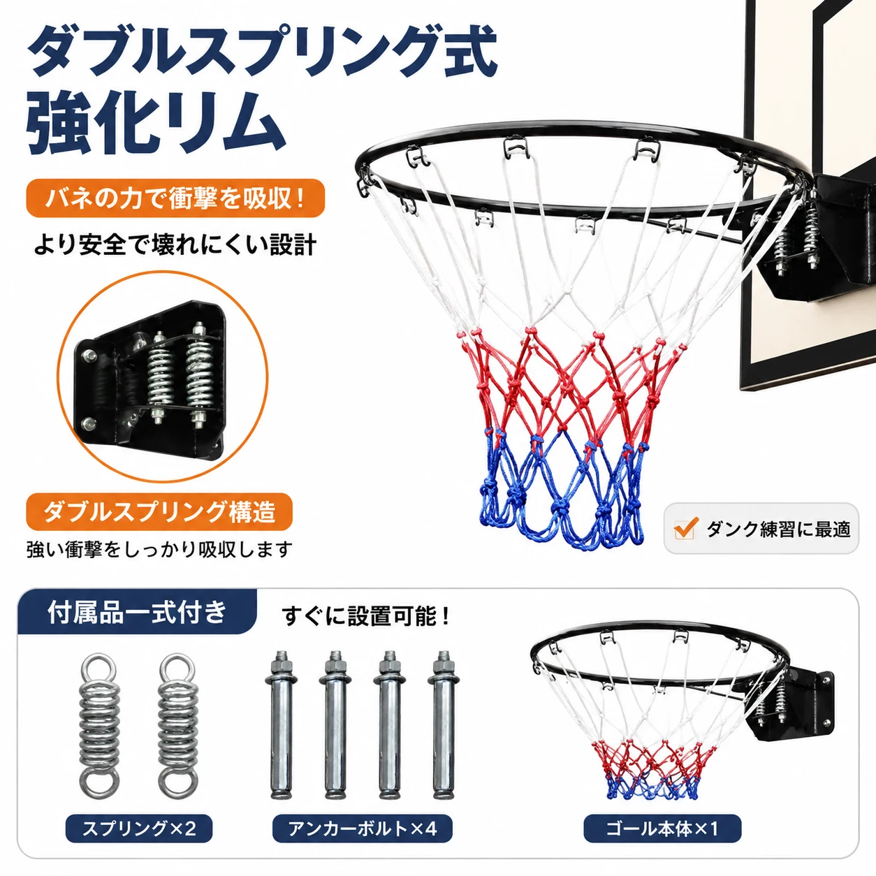 バスケット ゴール セット バスケットリング 鉄製 壁掛け 壁設置 公式試合サイズ 家庭用 屋内&屋外 内径45cm ゴールネット付き 耐久性のある鋼板構造 錆止め 取り外し可能 (ブラック(スプリング))