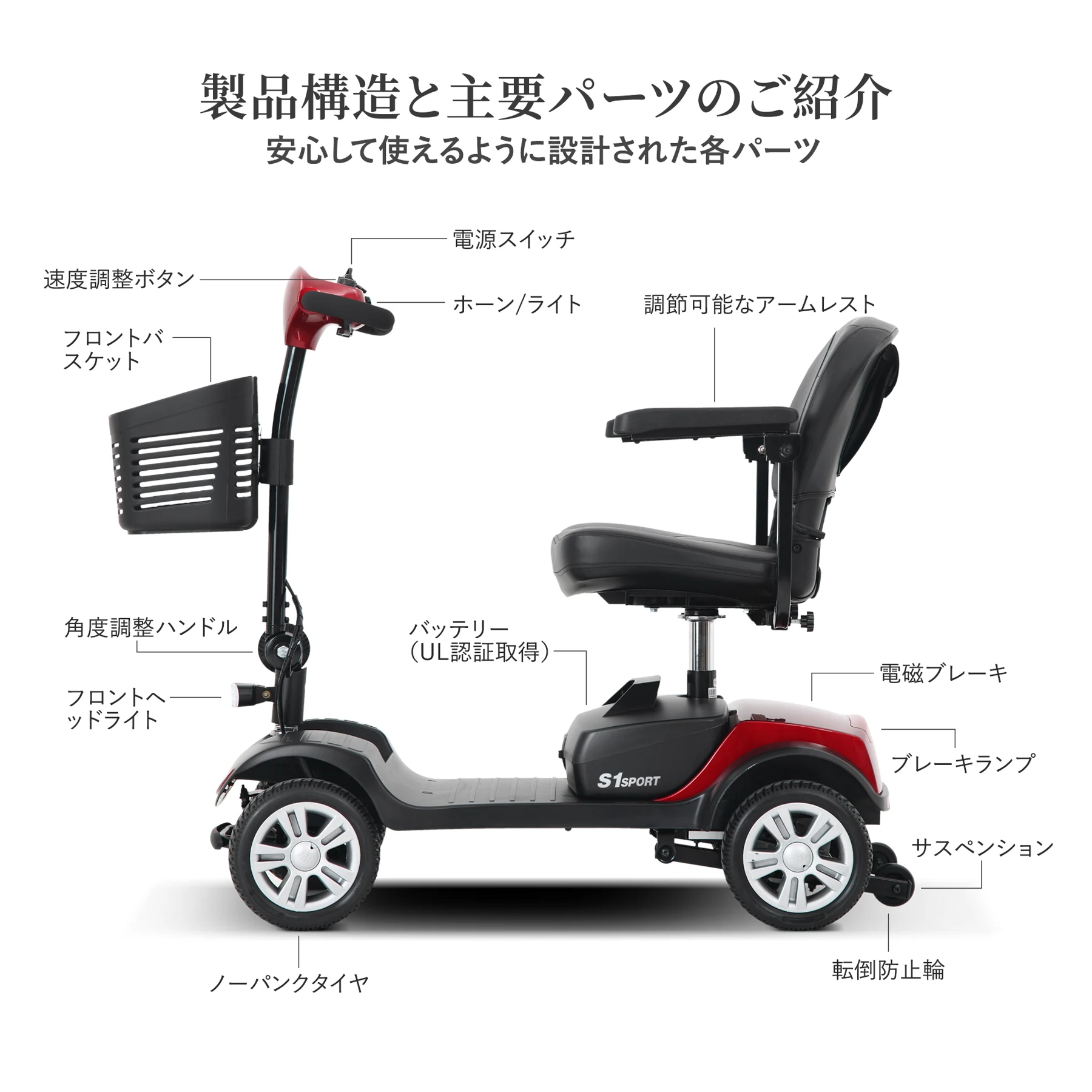 高齢者向け4輪電動モビリティスクーター、積載量136kg、速度6km/h、取り外し可能なバッテリー、360°回転シート、運転免許不要 - S1 SPORT RED