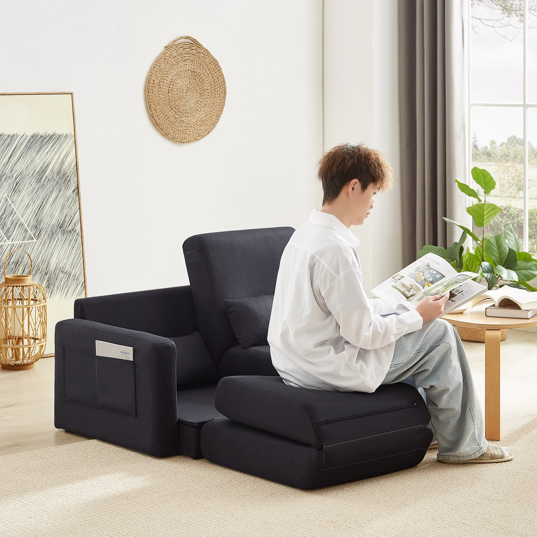 2 seater sofa ソファ 2人掛け 収納付き ファブリック 両側に肘掛け付き 木脚外し可能 ローソファ コンパクト ひとり暮らし カウチソファー