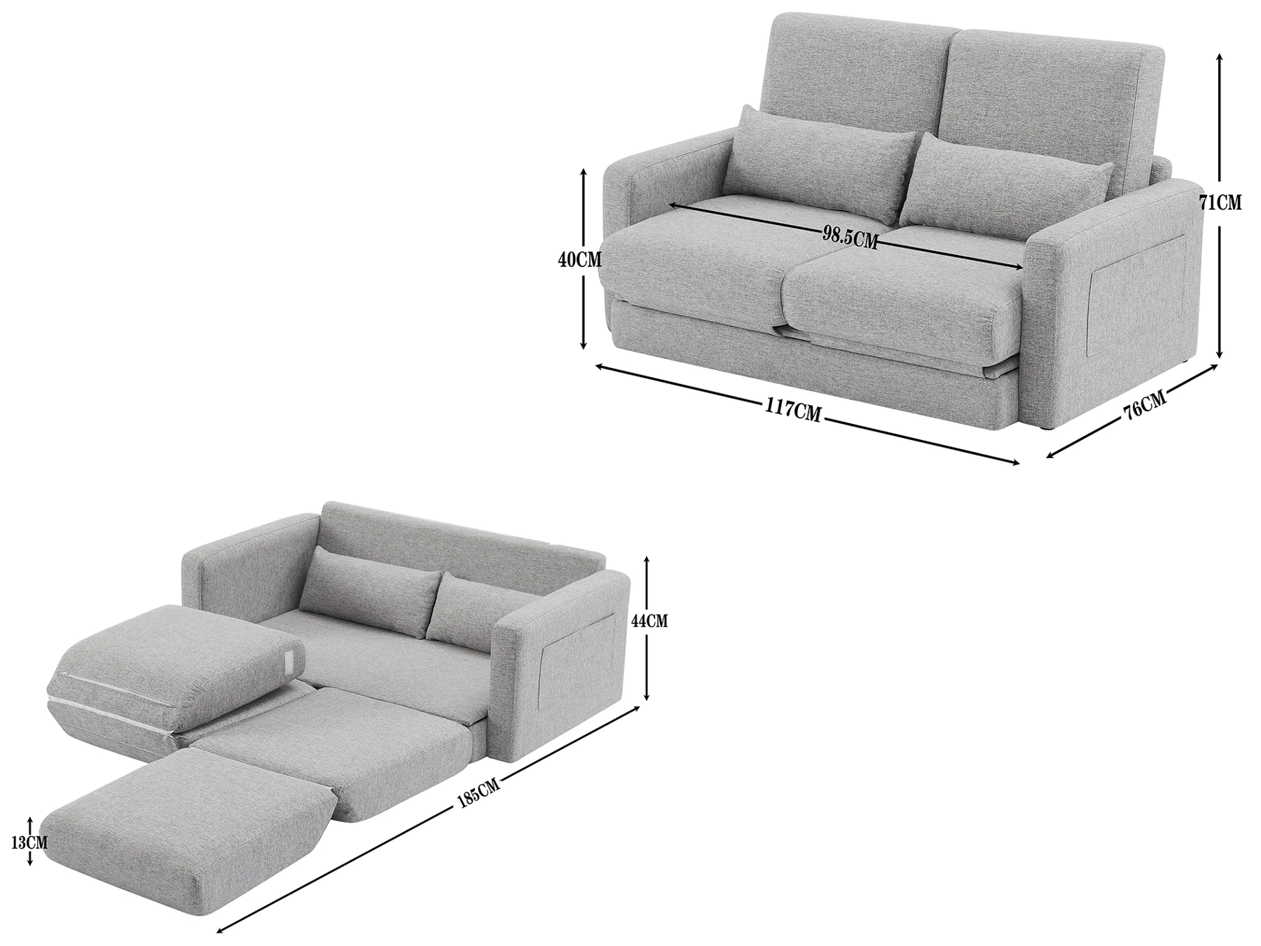 2 seater sofa ソファ 2人掛け 収納付き ファブリック 両側に肘掛け付き 木脚外し可能 ローソファ コンパクト ひとり暮らし カウチソファー